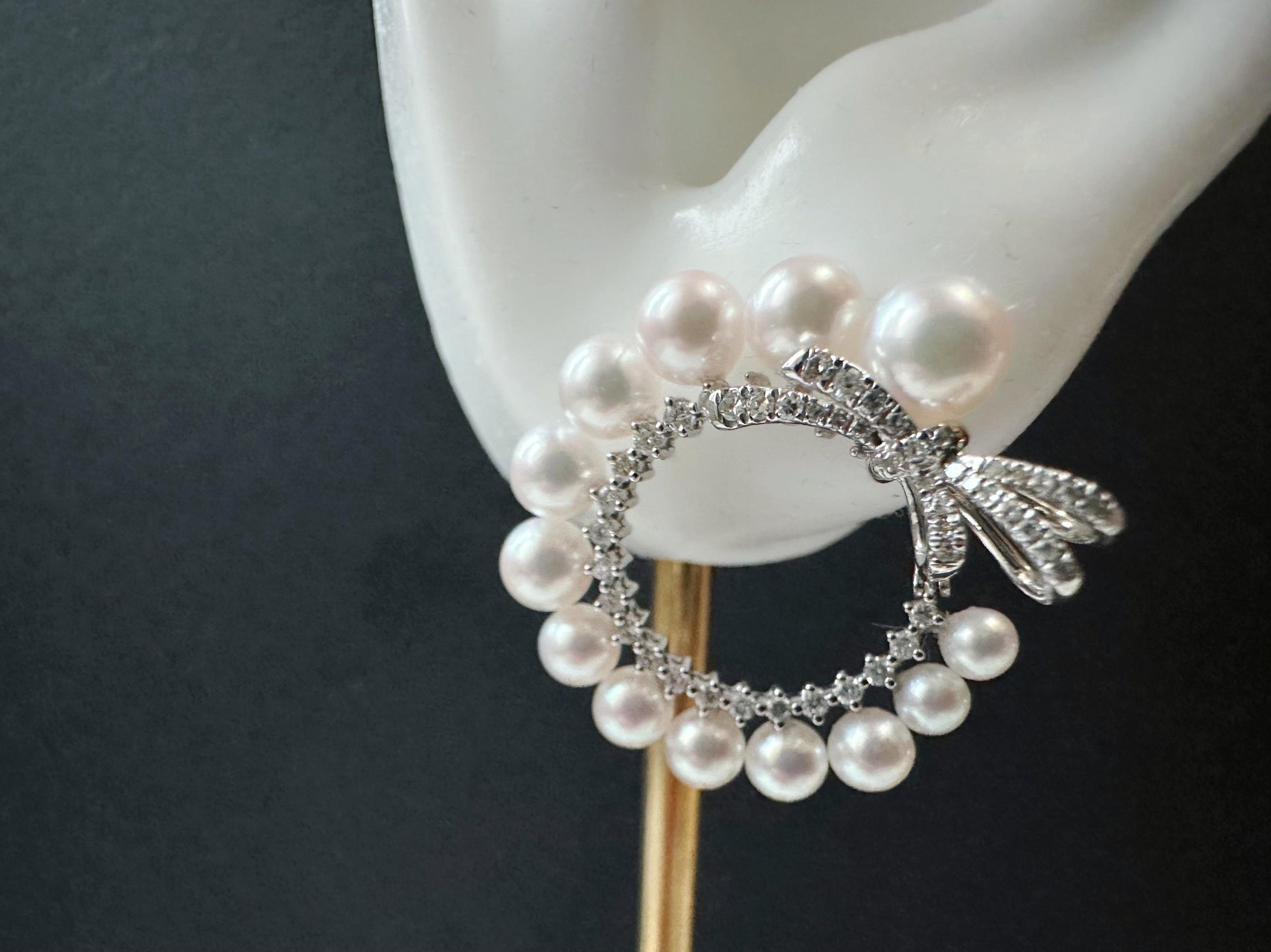 Natural Akoya Pearl Hoop Earrings: 18K White Gold Diamond Ribbon