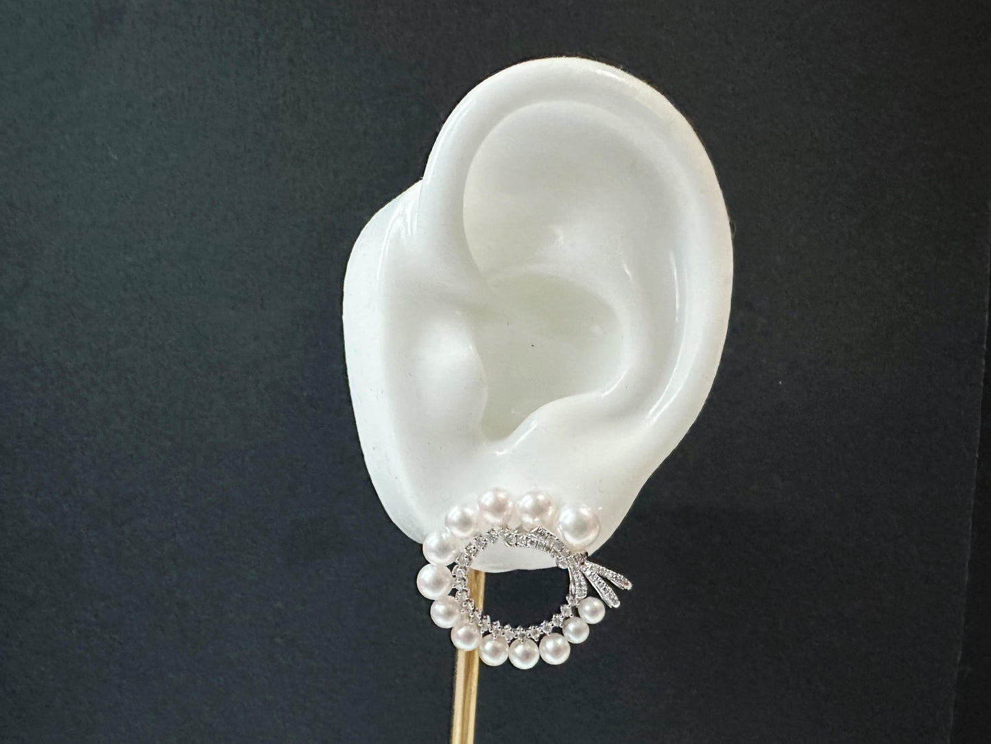 Natural Akoya Pearl Hoop Earrings: 18K White Gold Diamond Ribbon