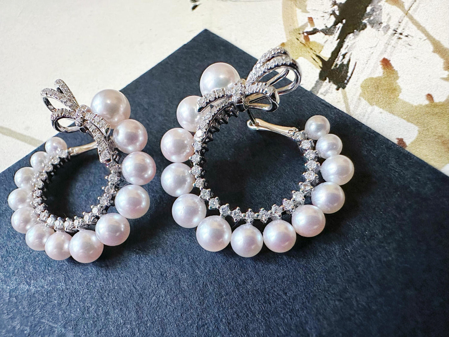 Natural Akoya Pearl Hoop Earrings: 18K White Gold Diamond Ribbon