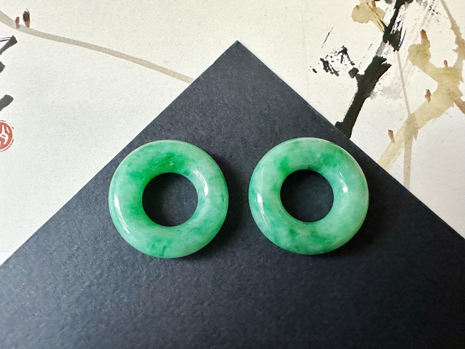 Myanmar Jadeite Donut Earrings, 18K White Gold Diamond Hoops