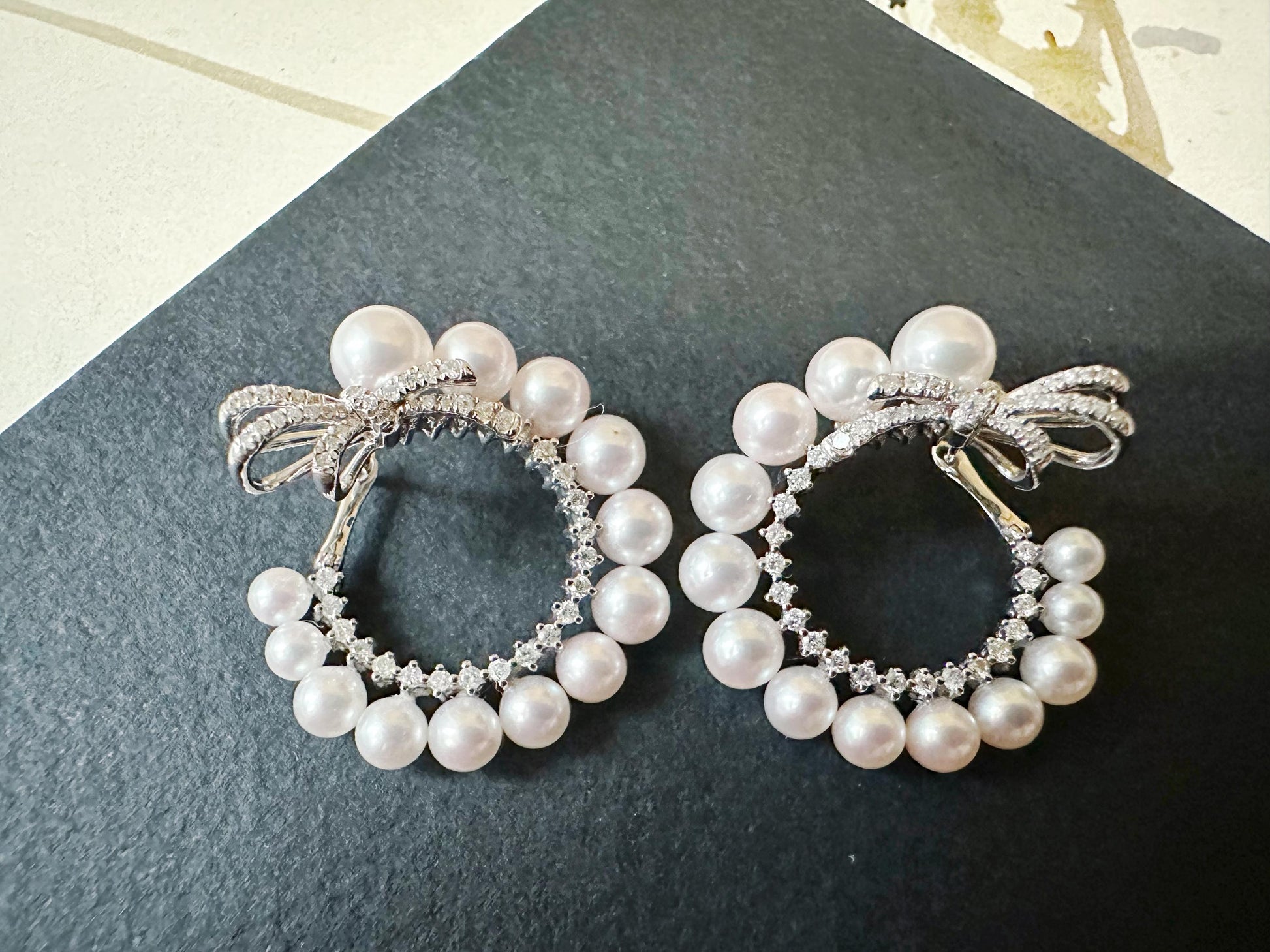 Natural Akoya Pearl Hoop Earrings: 18K White Gold Diamond Ribbon