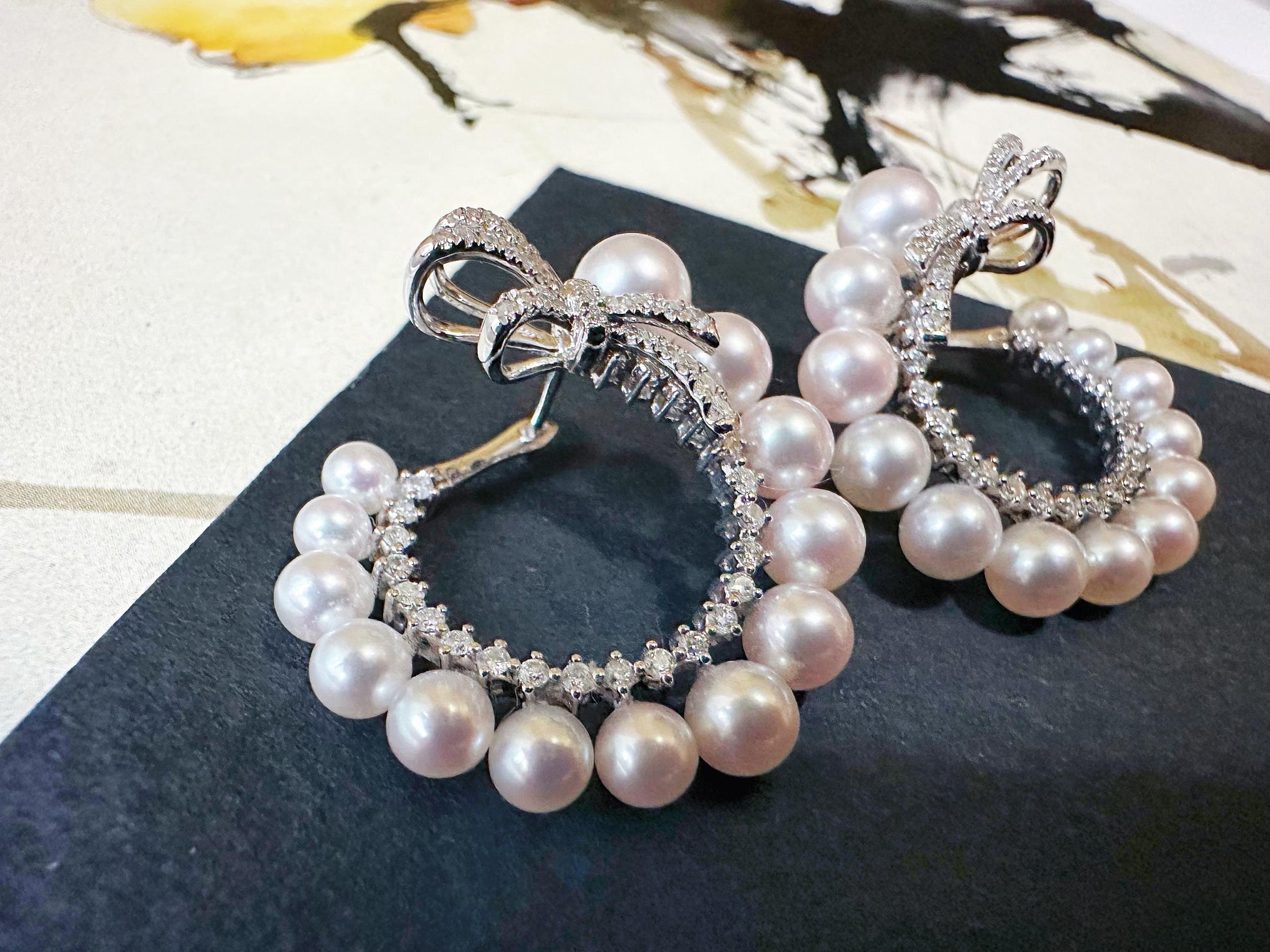 Natural Akoya Pearl Hoop Earrings: 18K White Gold Diamond Ribbon