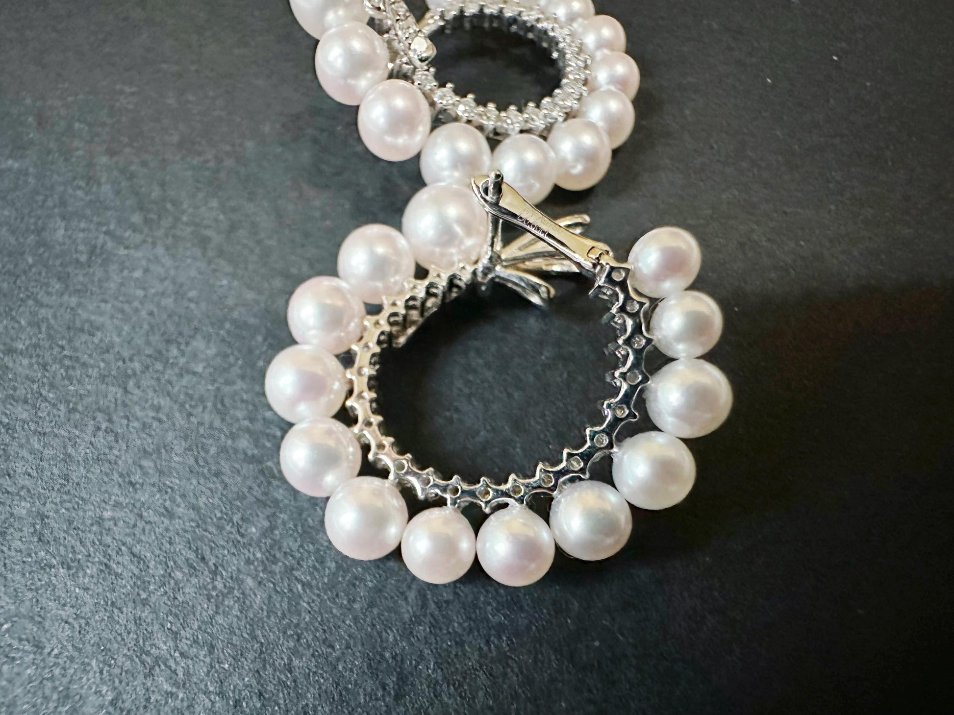 Natural Akoya Pearl Hoop Earrings: 18K White Gold Diamond Ribbon