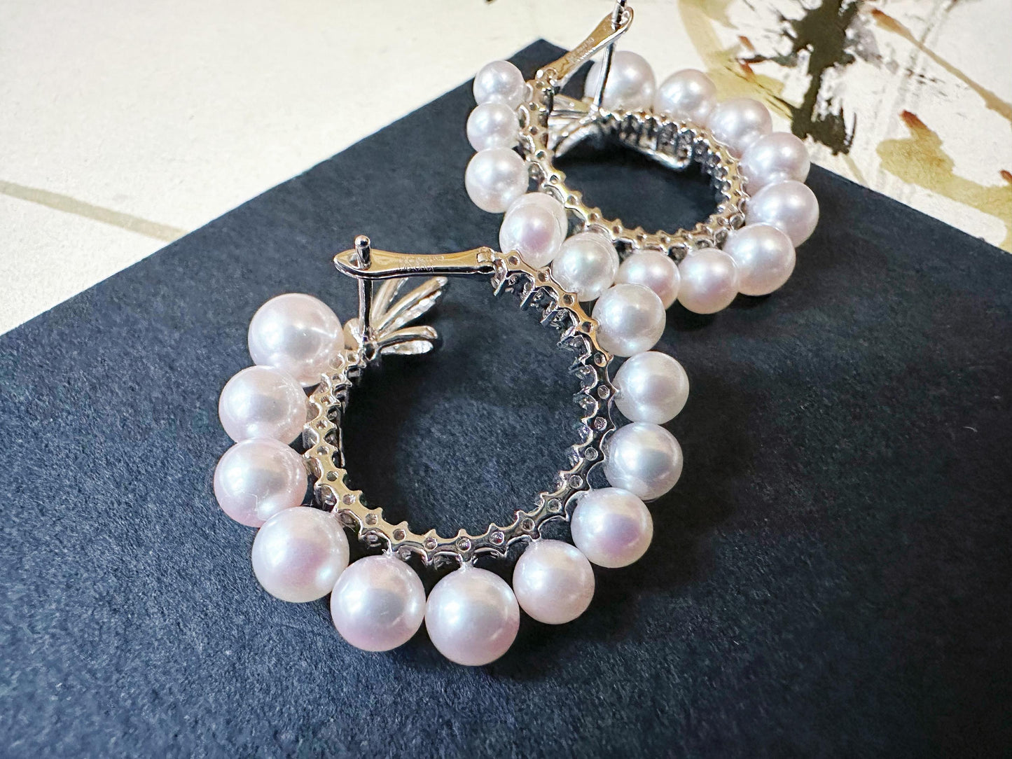 Natural Akoya Pearl Hoop Earrings: 18K White Gold Diamond Ribbon