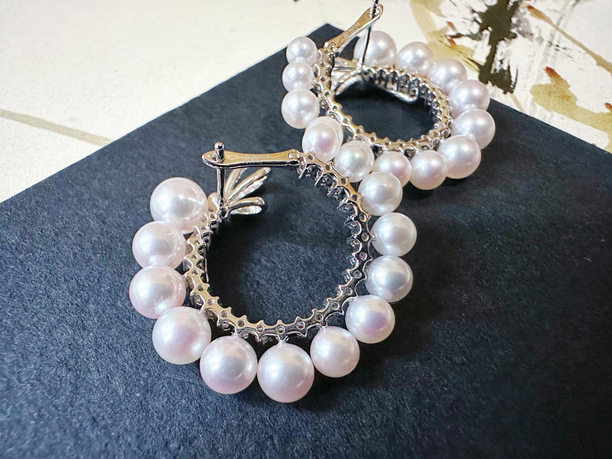 Natural Akoya Pearl Hoop Earrings: 18K White Gold Diamond Ribbon