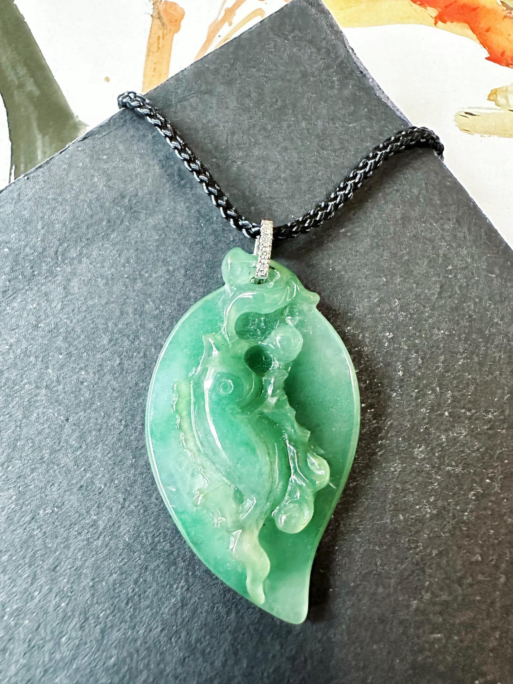 Natural Myanmar Jade Fish Pendant in 18K White Gold with Diamond Bail