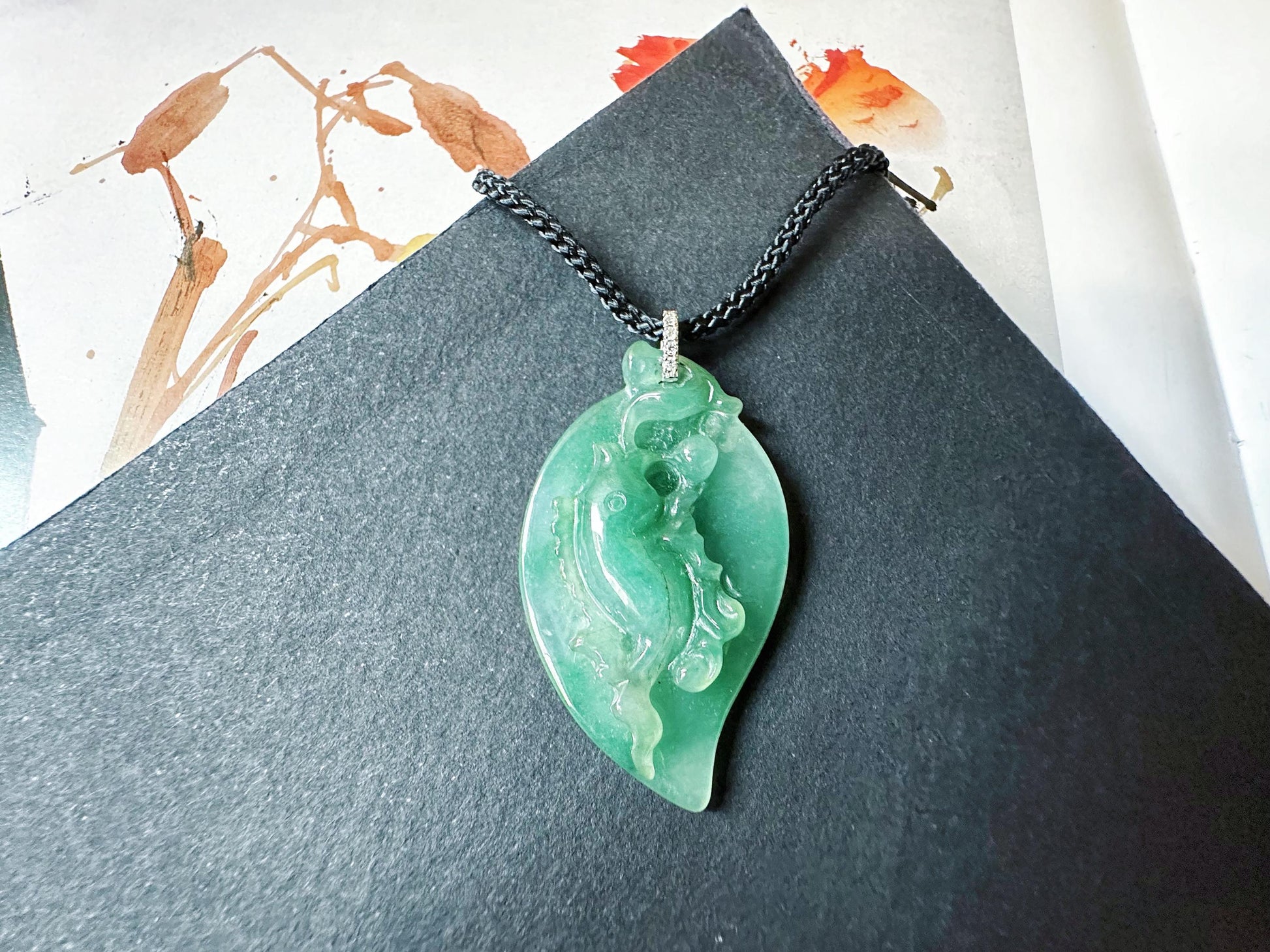Natural Myanmar Jade Fish Pendant in 18K White Gold with Diamond Bail