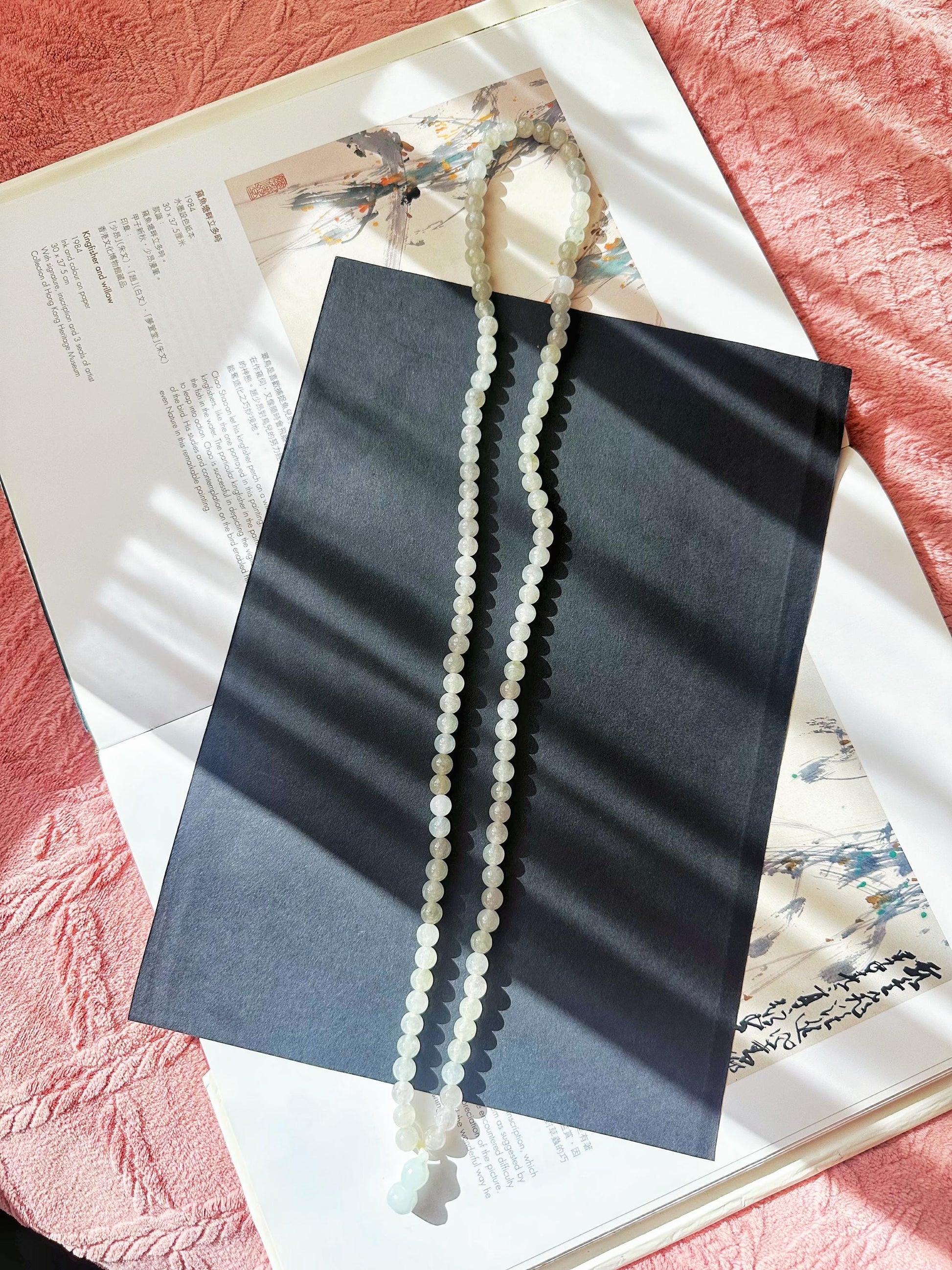 Natural Myanmar Icy Type Jade Beaded Long Necklace, 108 beads