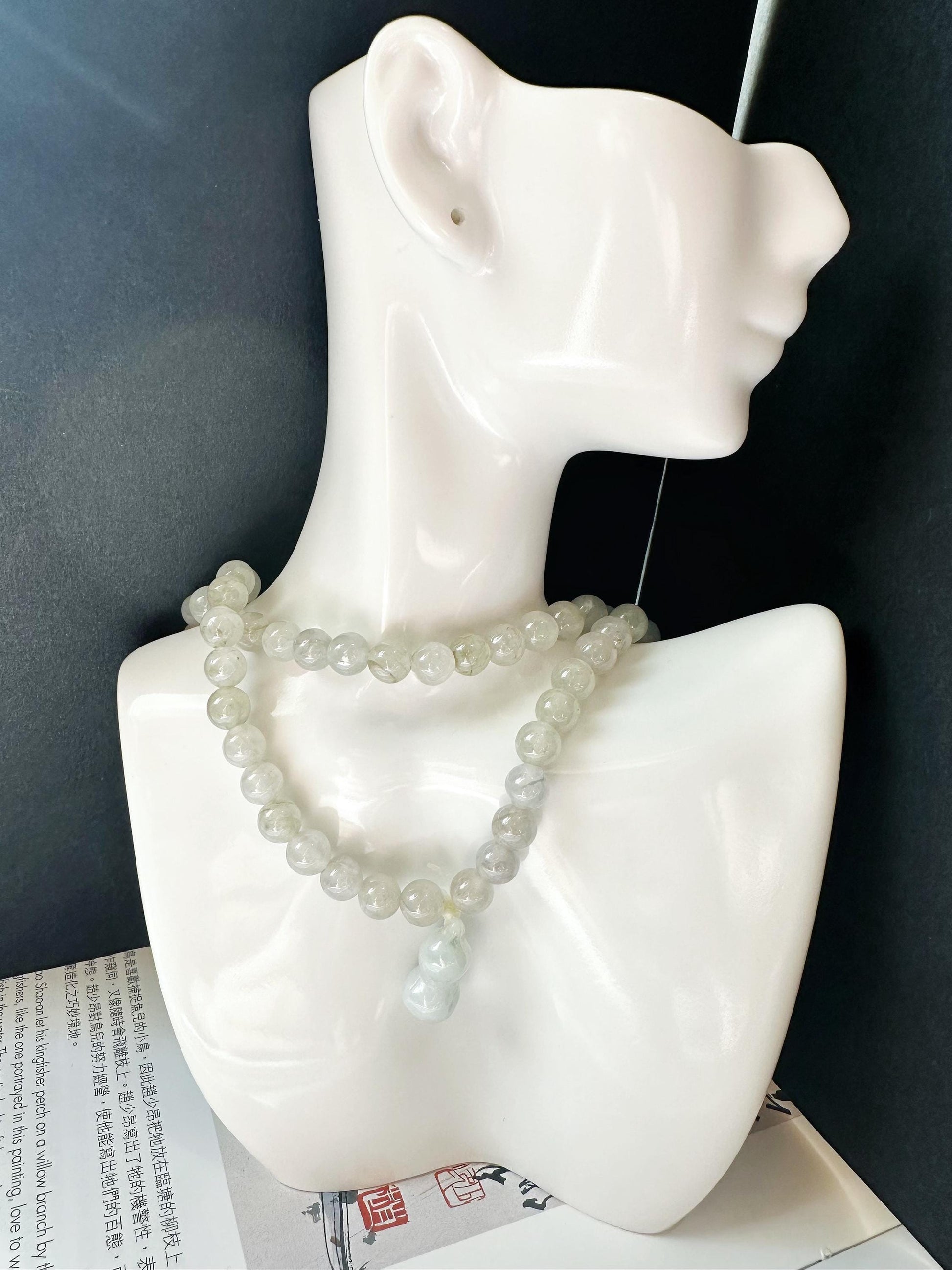 Natural Myanmar Icy Type Jade Beaded Long Necklace, 108 beads