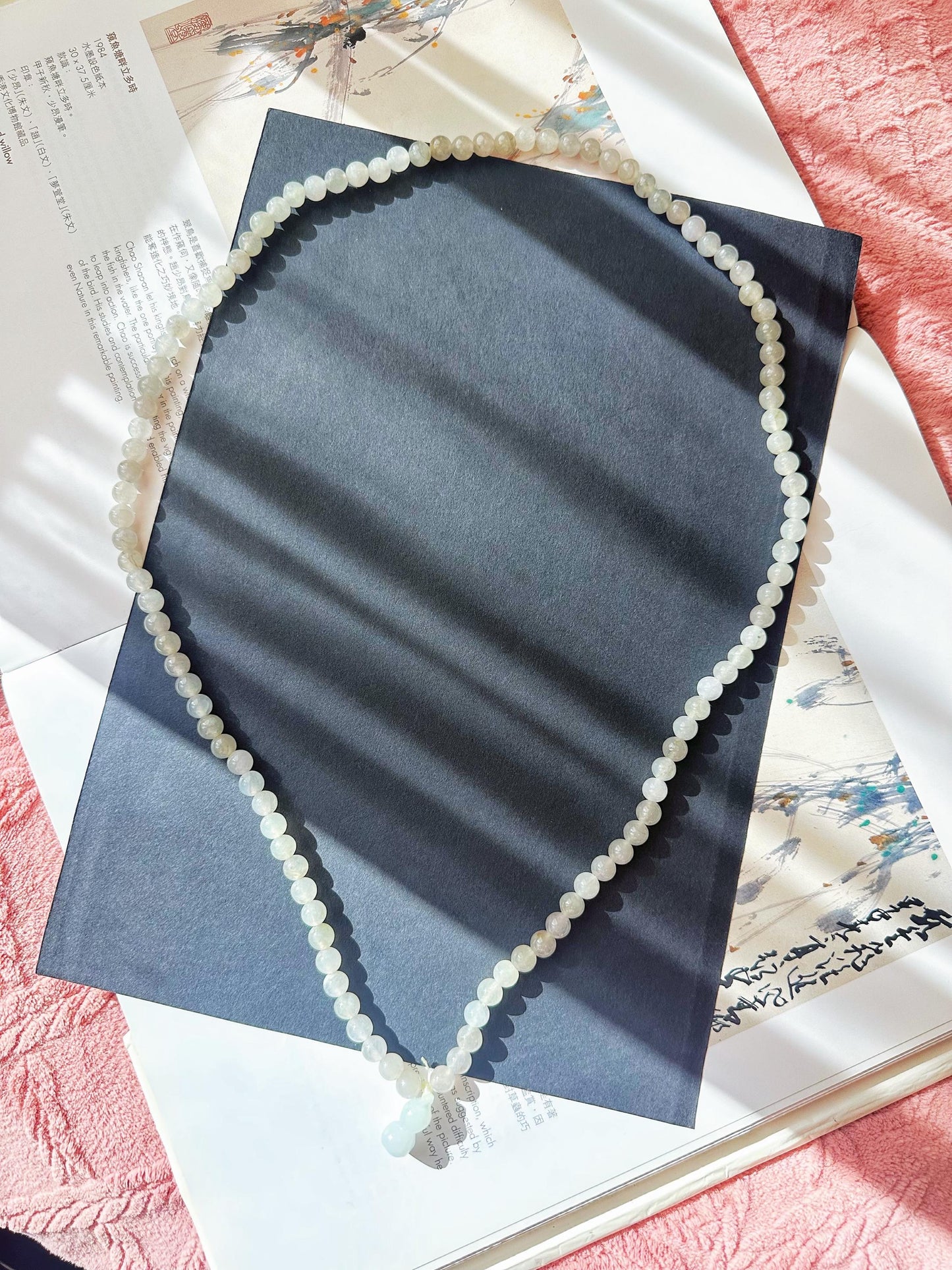 Natural Myanmar Icy Type Jade Beaded Long Necklace, 108 beads