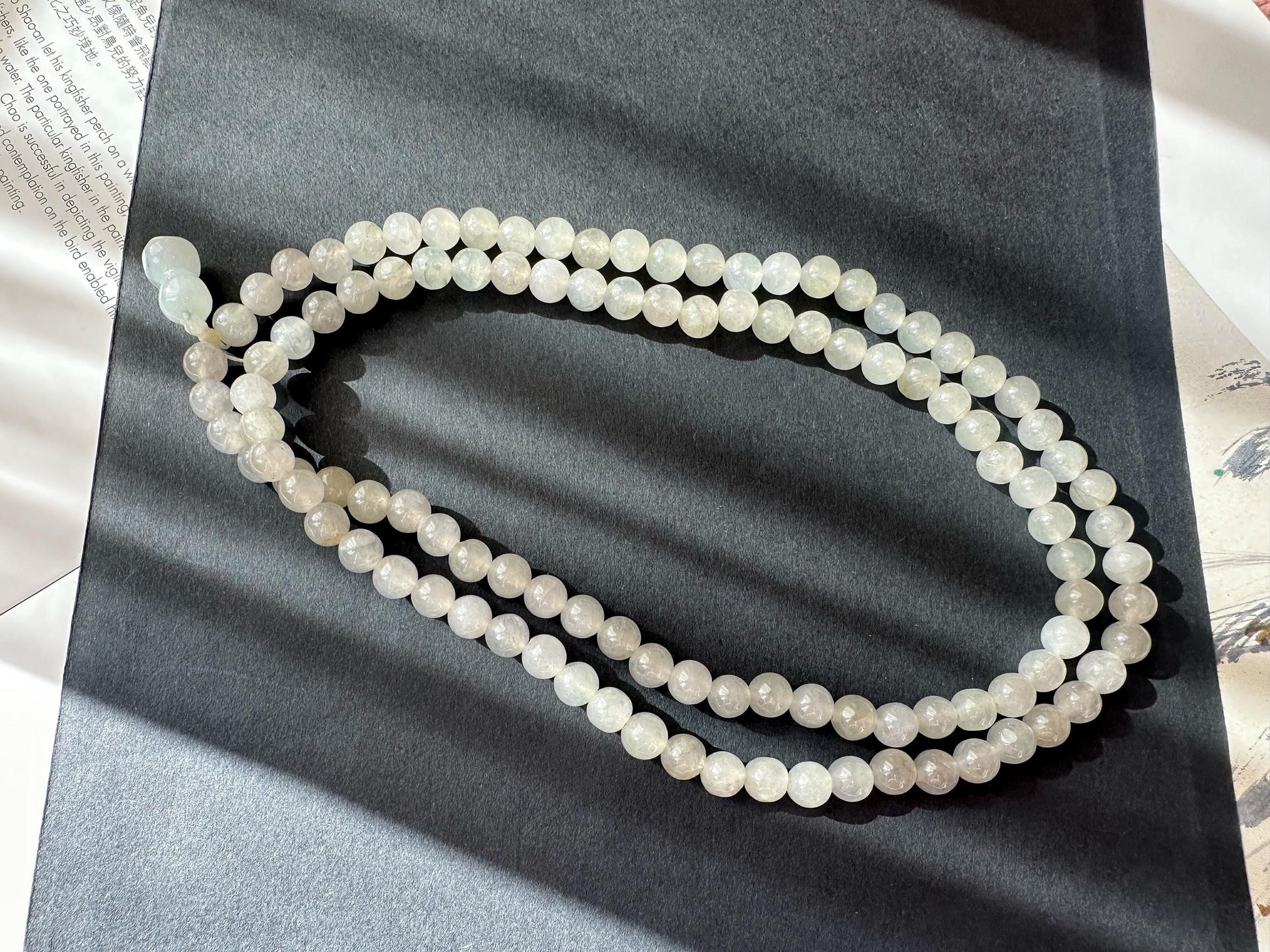 Natural Myanmar Icy Type Jade Beaded Long Necklace, 108 beads