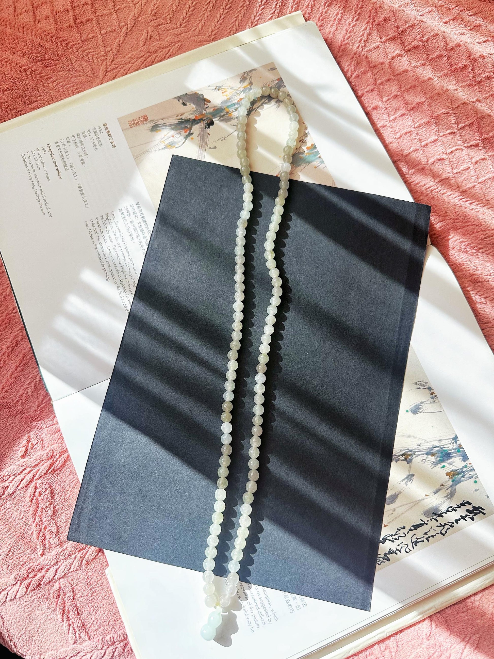Natural Myanmar Icy Type Jade Beaded Long Necklace, 108 beads