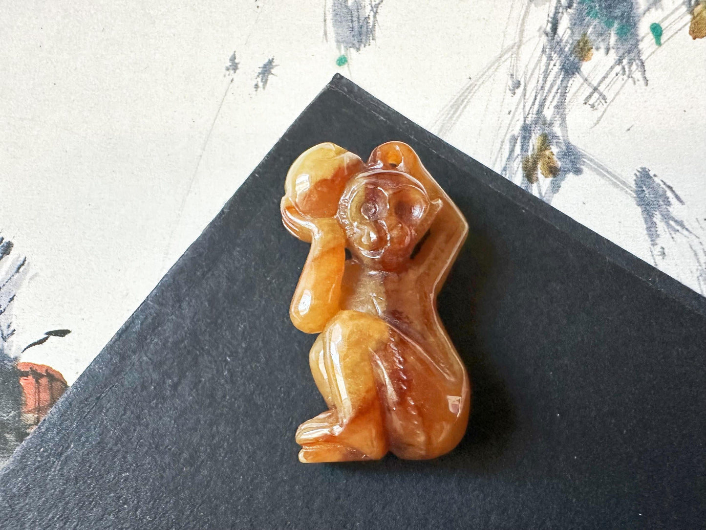 Natural Myanmar Brick Red Jade Pendant, Hand-Carved Monkey and Peach