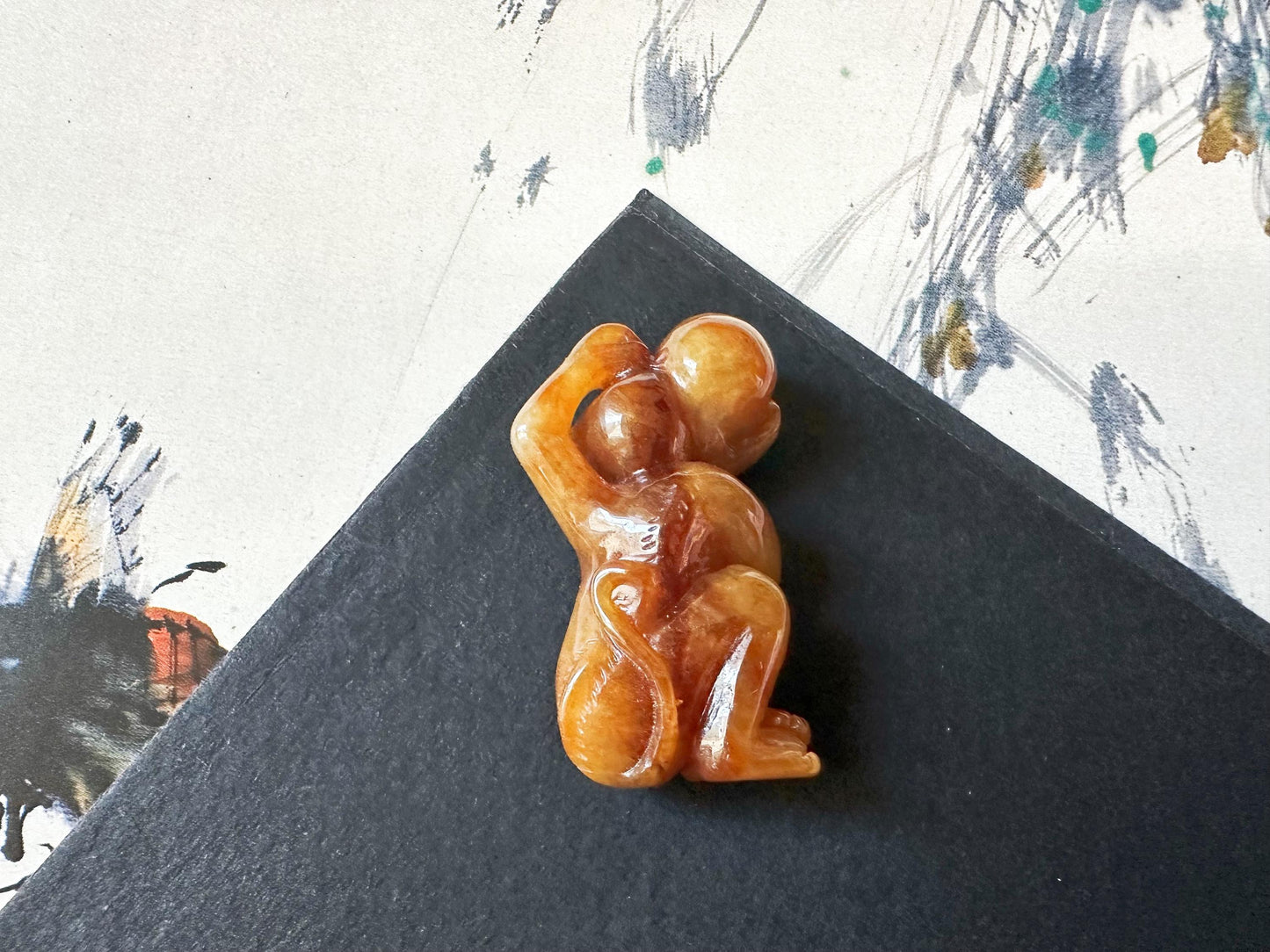Natural Myanmar Brick Red Jade Pendant, Hand-Carved Monkey and Peach