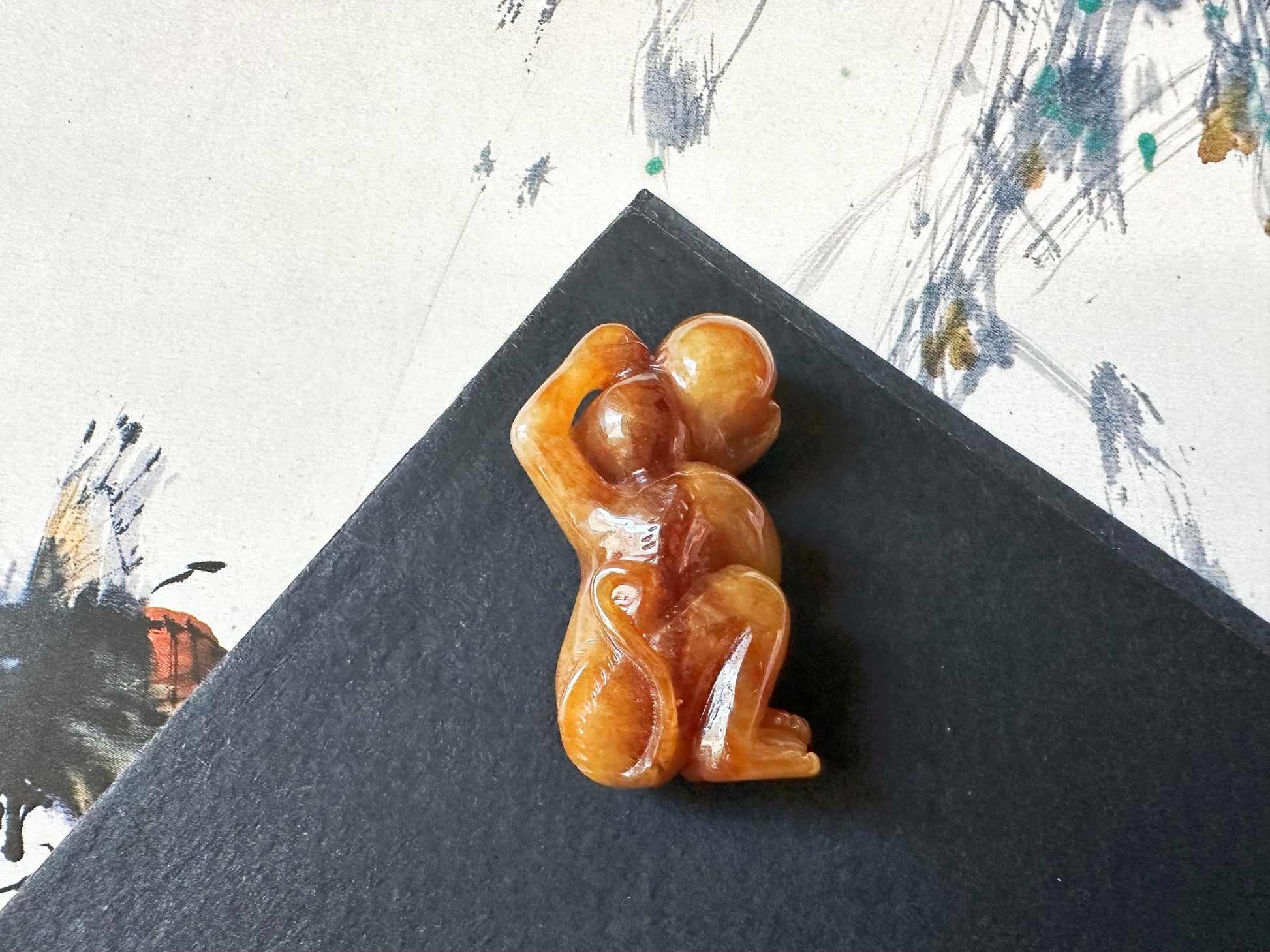 Natural Myanmar Brick Red Jade Pendant, Hand-Carved Monkey and Peach