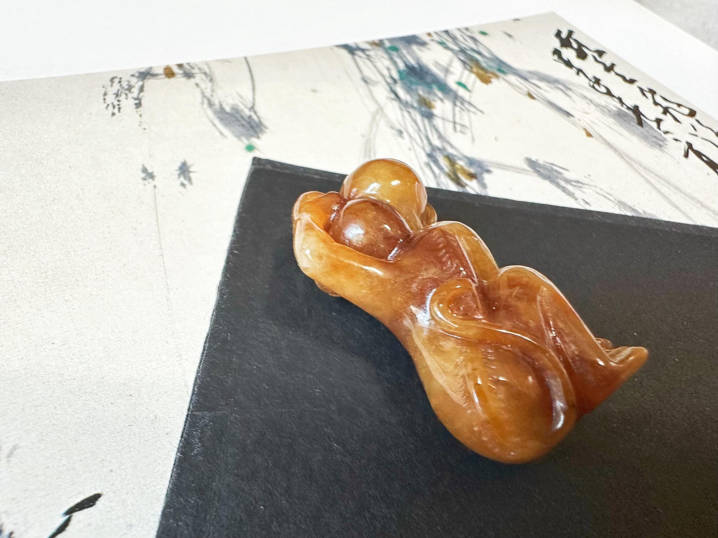 Natural Myanmar Brick Red Jade Pendant, Hand-Carved Monkey and Peach