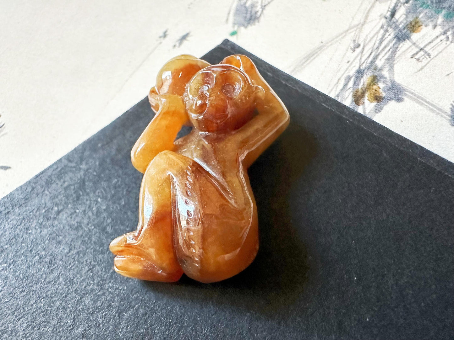Natural Myanmar Brick Red Jade Pendant, Hand-Carved Monkey and Peach