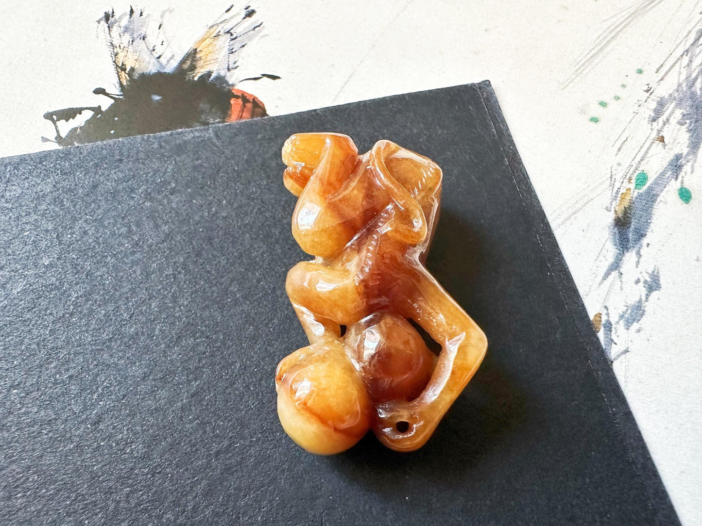 Natural Myanmar Brick Red Jade Pendant, Hand-Carved Monkey and Peach