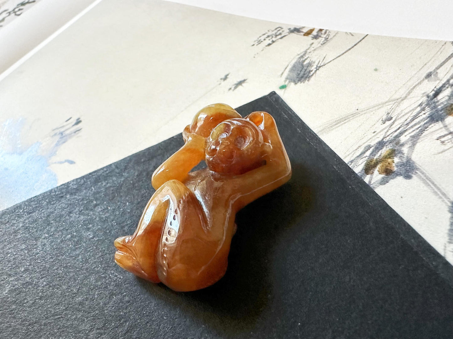 Natural Myanmar Brick Red Jade Pendant, Hand-Carved Monkey and Peach