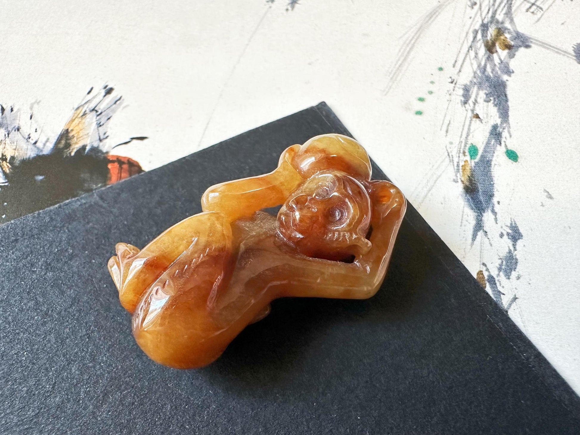 Natural Myanmar Brick Red Jade Pendant, Hand-Carved Monkey and Peach