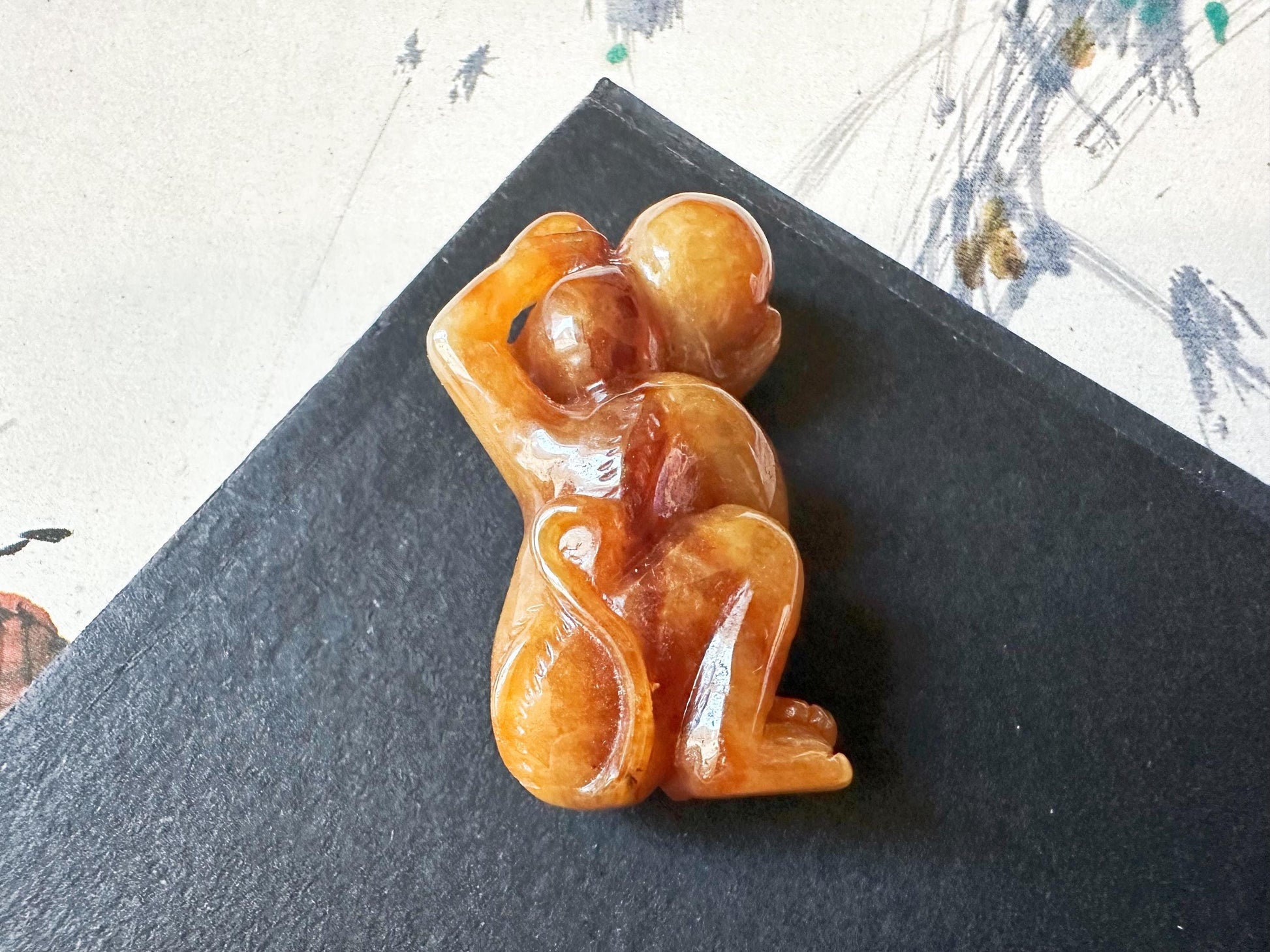 Natural Myanmar Brick Red Jade Pendant, Hand-Carved Monkey and Peach