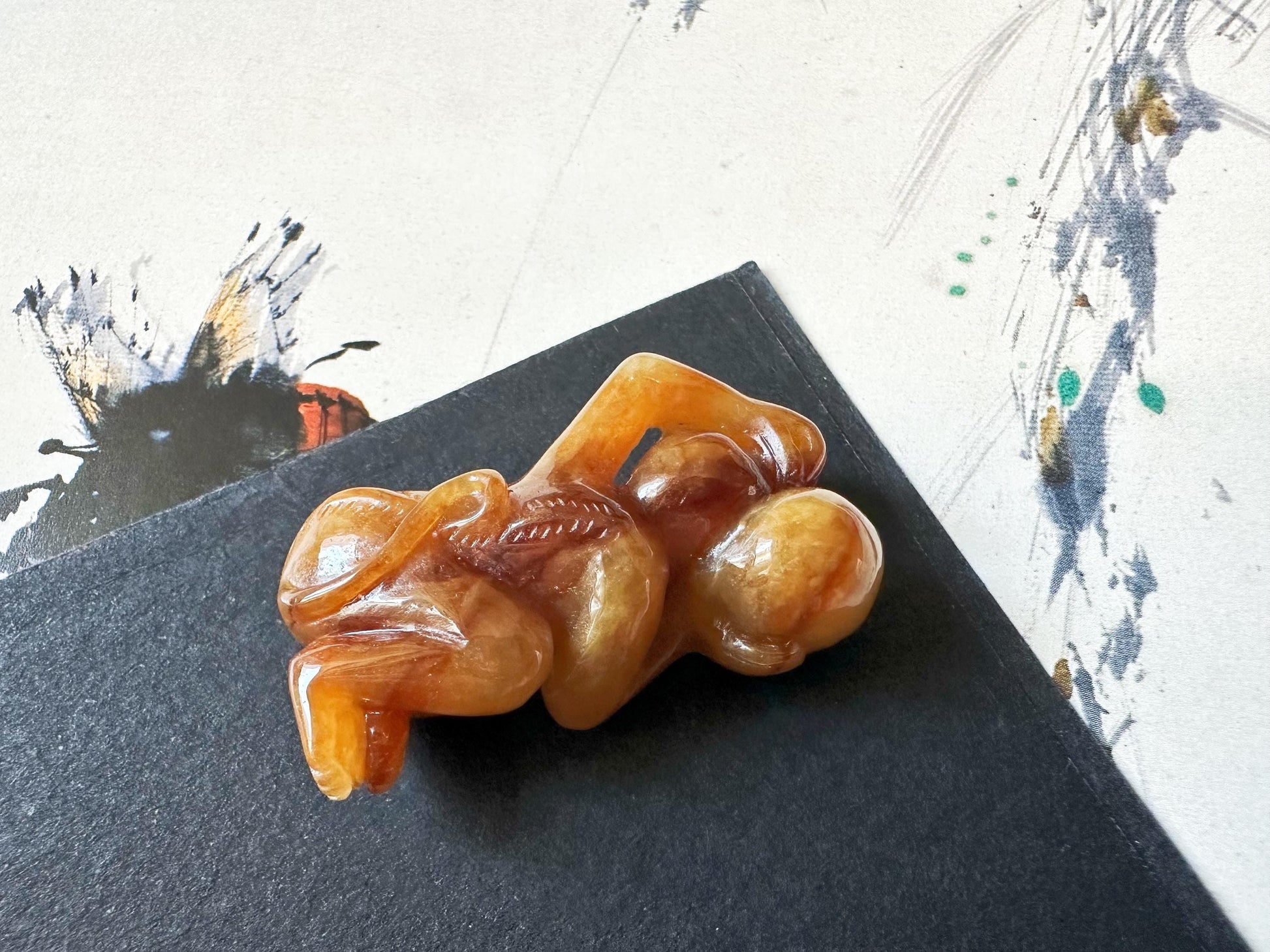 Natural Myanmar Brick Red Jade Pendant, Hand-Carved Monkey and Peach