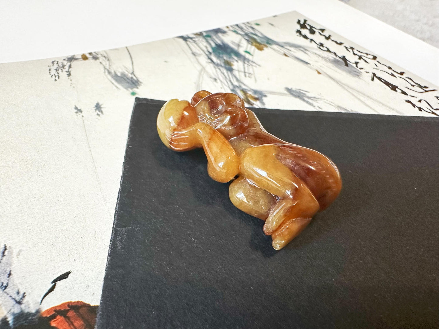 Natural Myanmar Brick Red Jade Pendant, Hand-Carved Monkey and Peach
