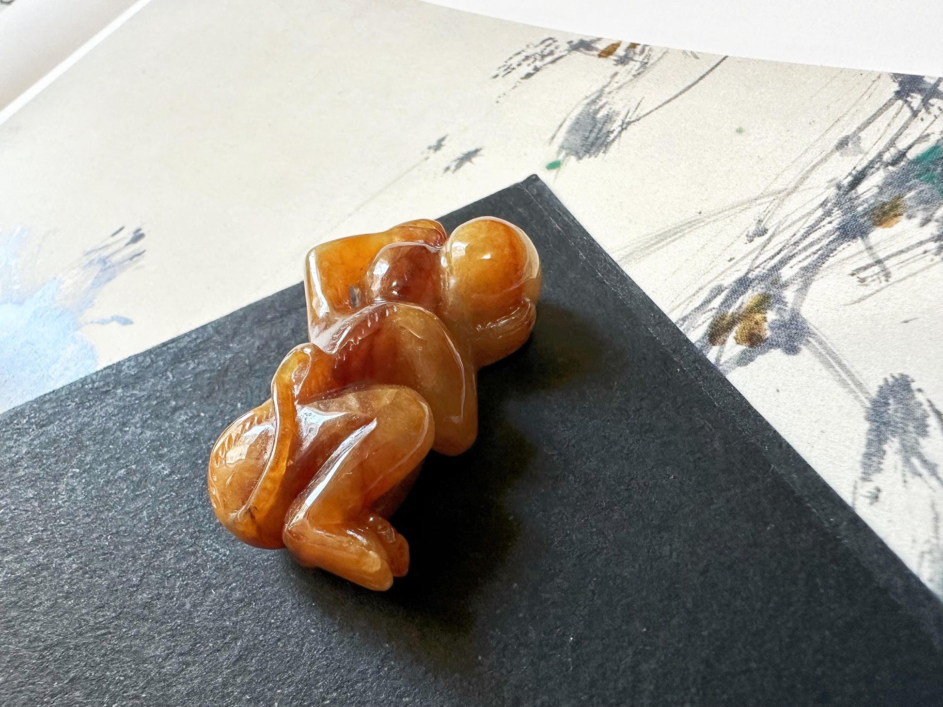 Natural Myanmar Brick Red Jade Pendant, Hand-Carved Monkey and Peach