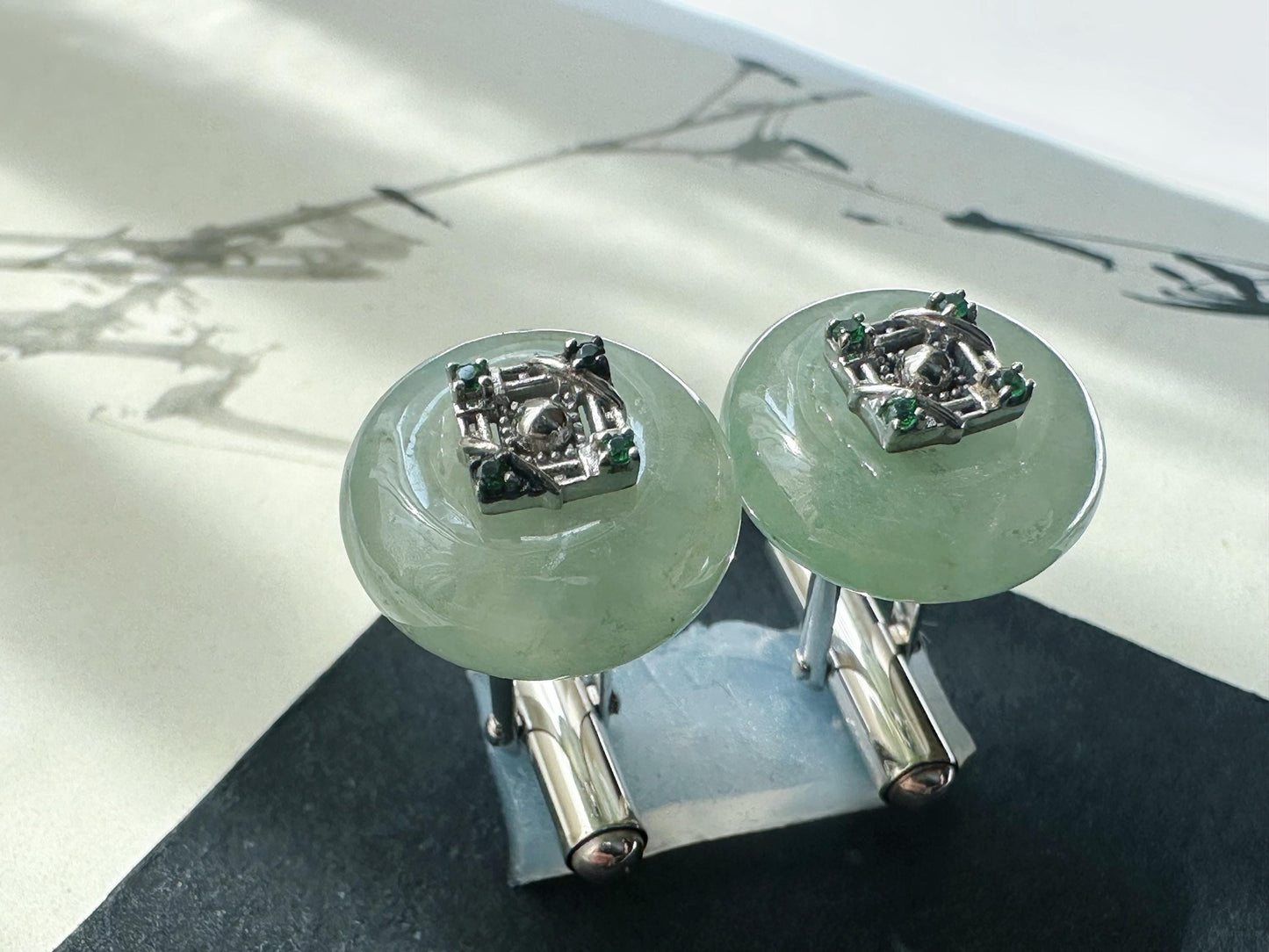 Icy Jadeite Cufflinks, Sterling Silver, Green Zircon, Modern Executive Accessory