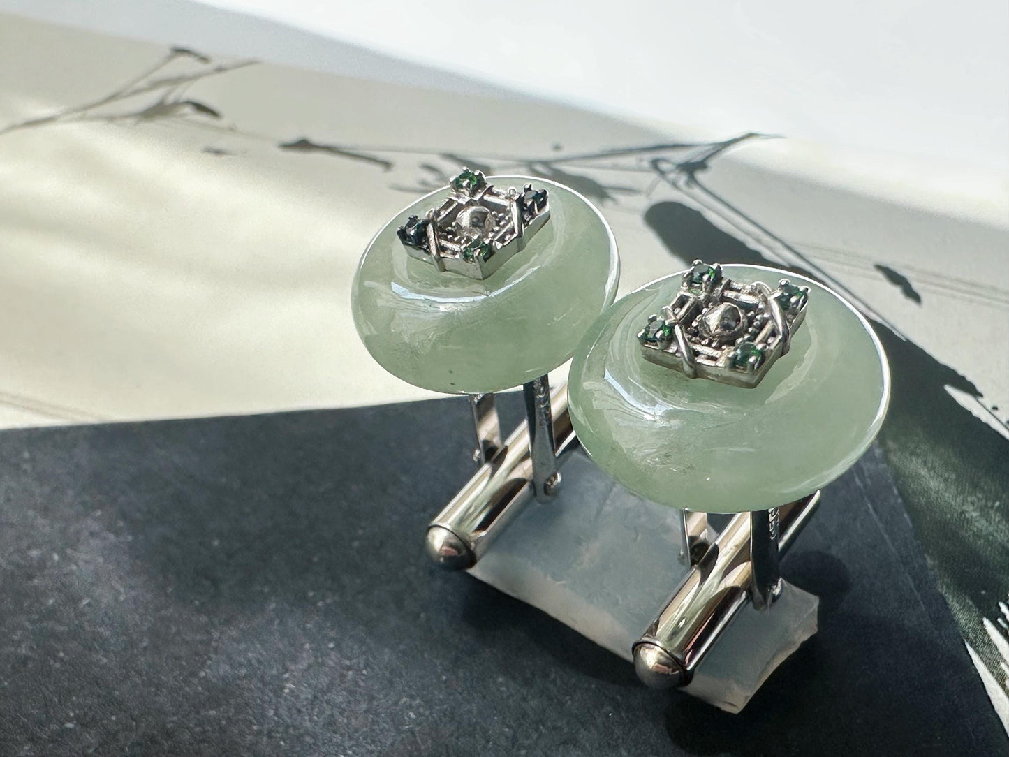 Icy Jadeite Cufflinks, Sterling Silver, Green Zircon, Modern Executive Accessory