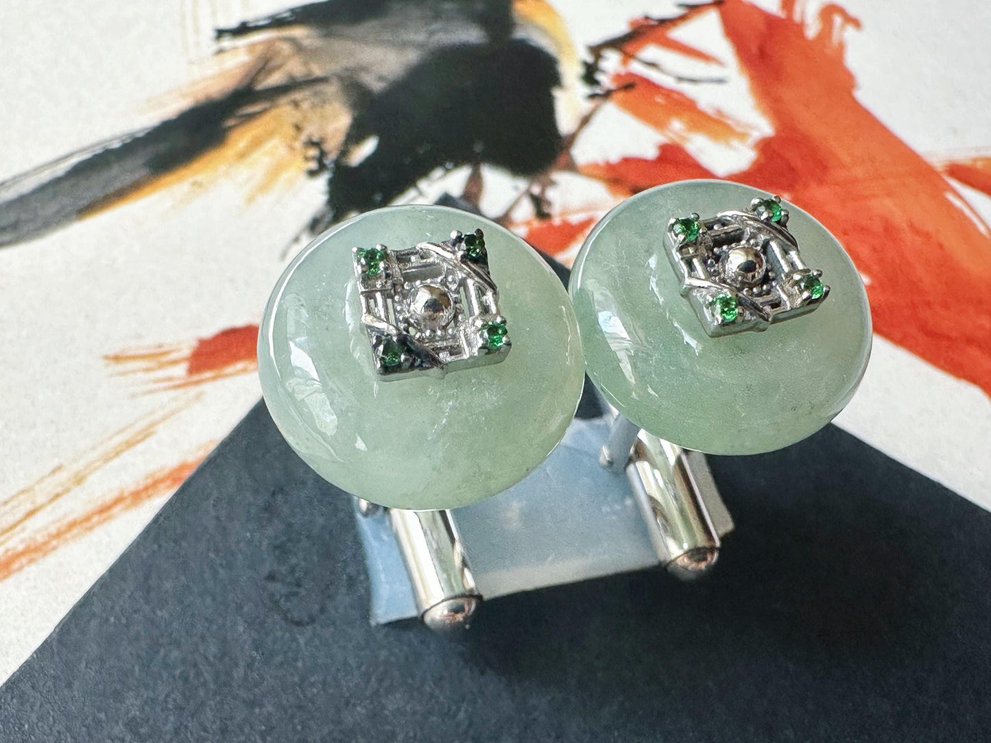 Icy Jadeite Cufflinks, Sterling Silver, Green Zircon, Modern Executive Accessory