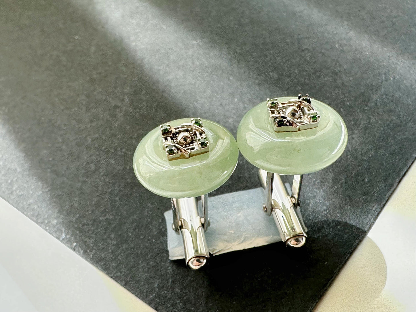 Icy Jadeite Cufflinks, Sterling Silver, Green Zircon, Modern Executive Accessory