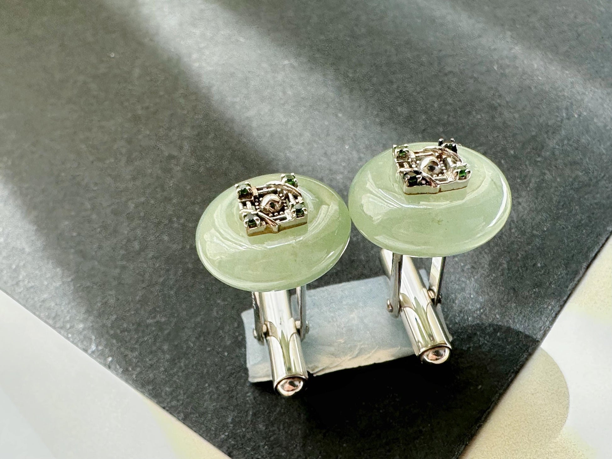 Icy Jadeite Cufflinks, Sterling Silver, Green Zircon, Modern Executive Accessory