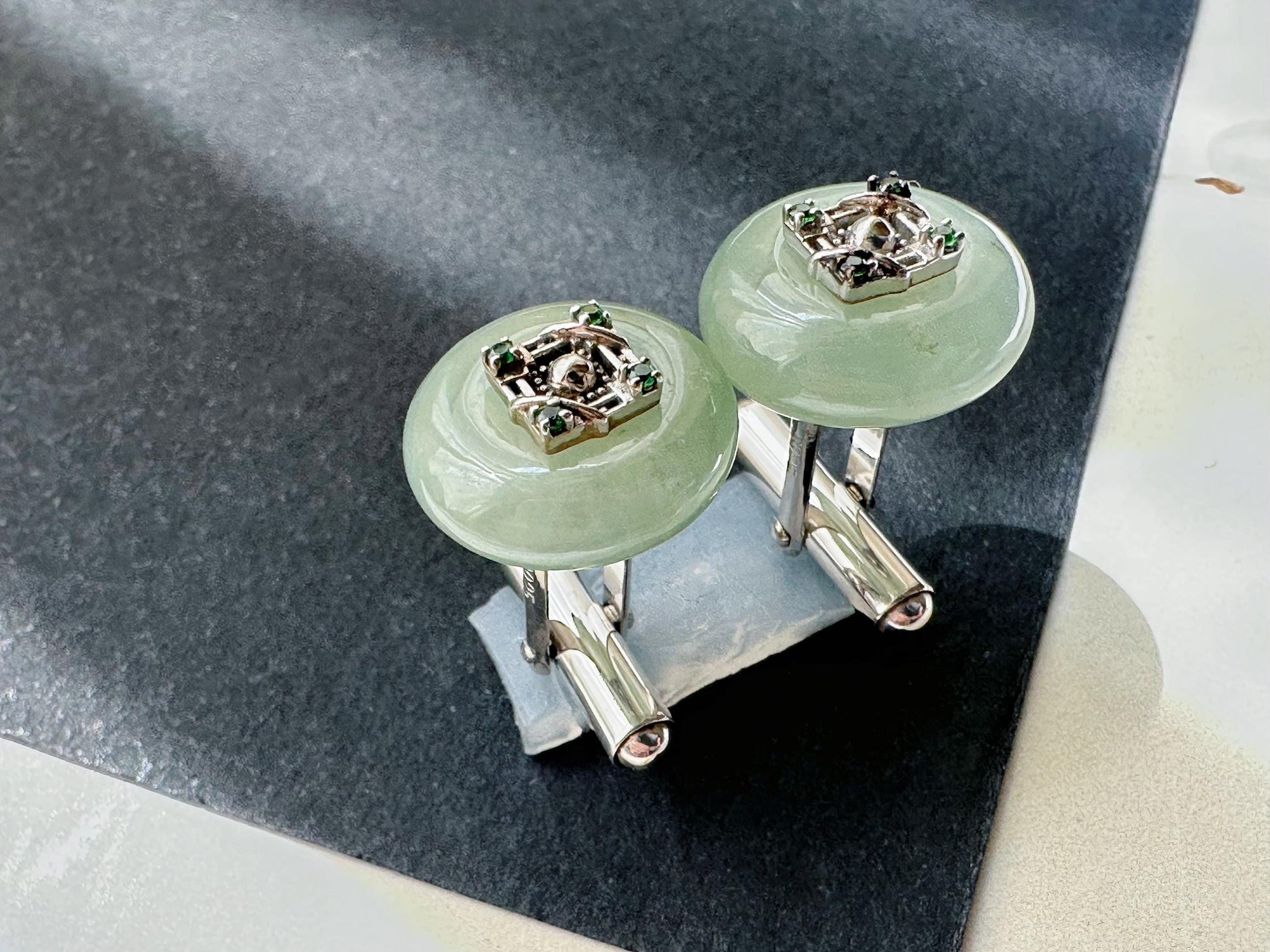 Icy Jadeite Cufflinks, Sterling Silver, Green Zircon, Modern Executive Accessory