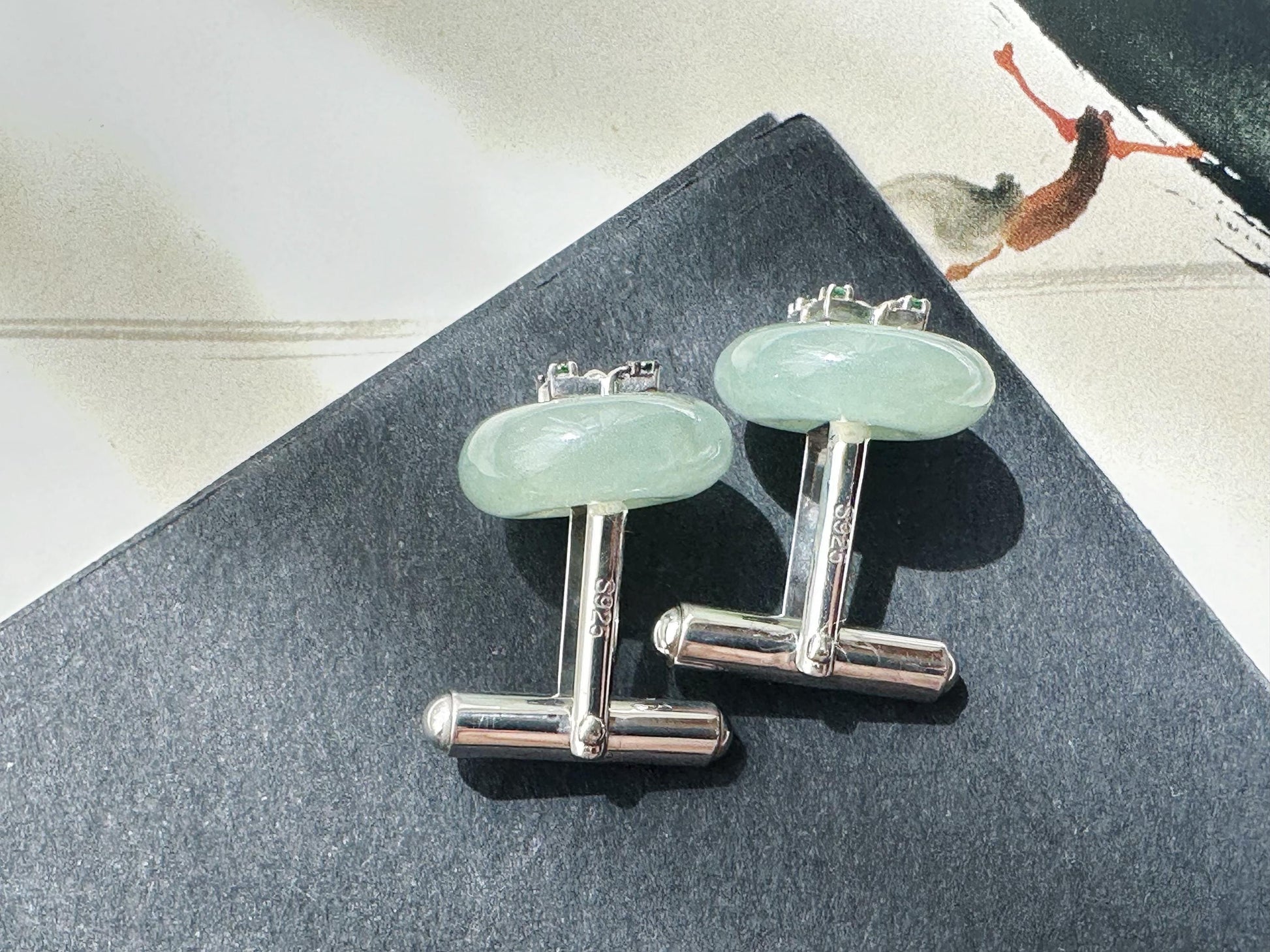 Icy Jadeite Cufflinks, Sterling Silver, Green Zircon, Modern Executive Accessory