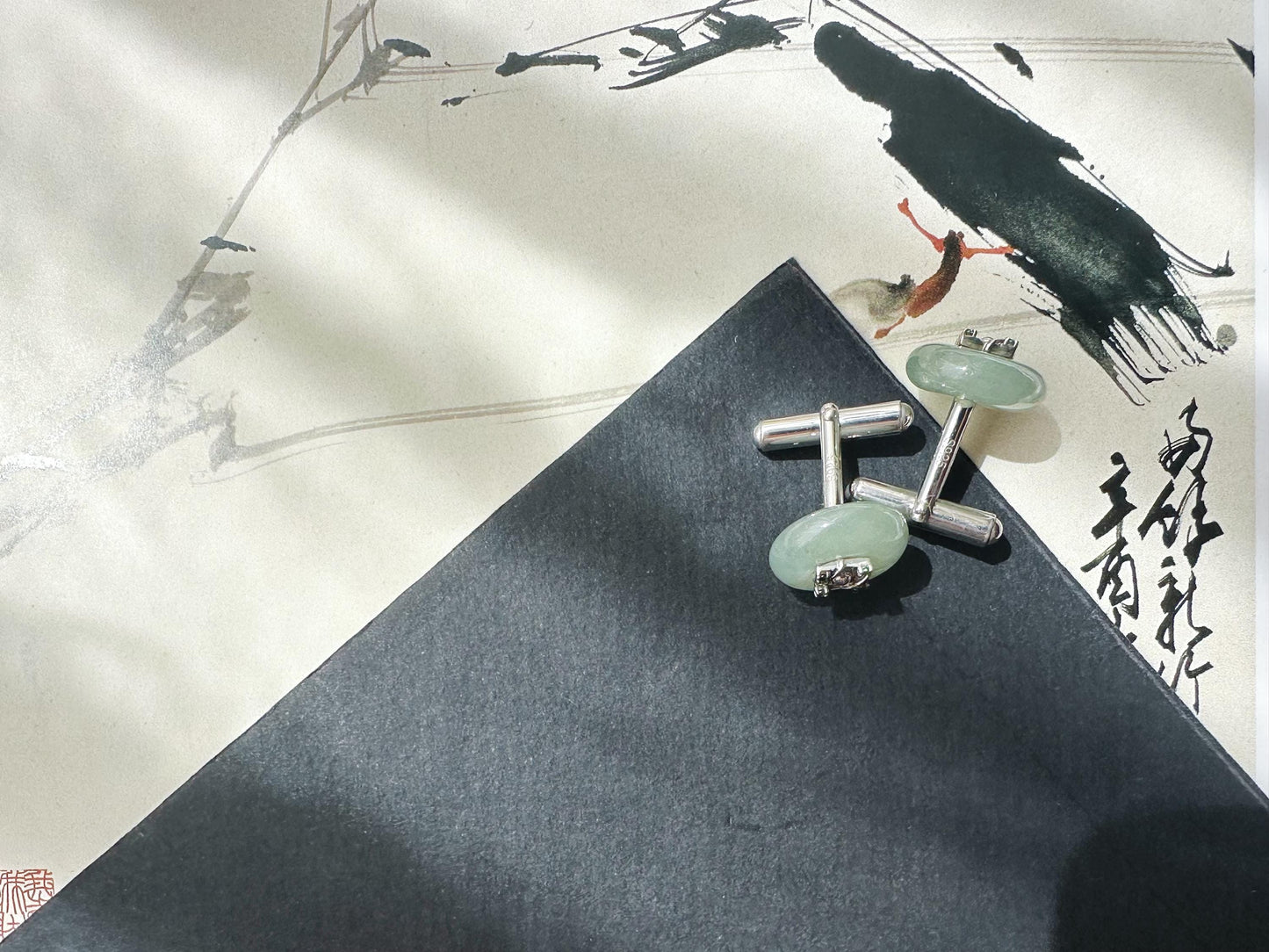 Icy Jadeite Cufflinks, Sterling Silver, Green Zircon, Modern Executive Accessory