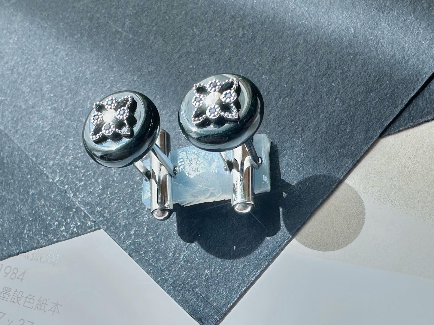 Black Jadeite Cufflinks • Sterling Silver, Blue Zircon Accent • Modern Executive Accessory