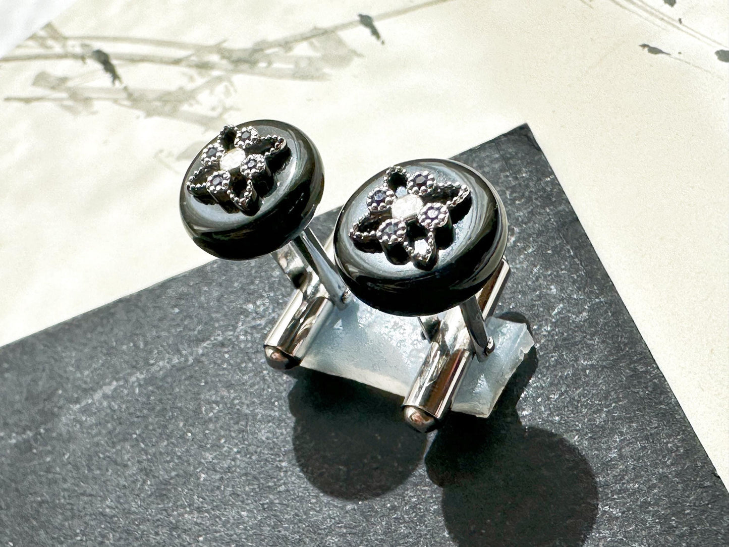 Black Jadeite Cufflinks • Sterling Silver, Blue Zircon Accent • Modern Executive Accessory