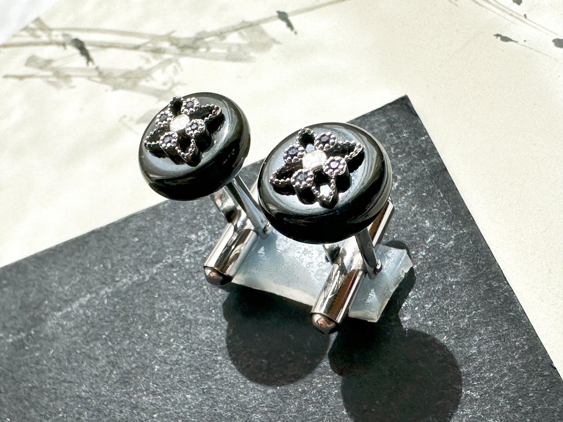 Black Jadeite Cufflinks • Sterling Silver, Blue Zircon Accent • Modern Executive Accessory