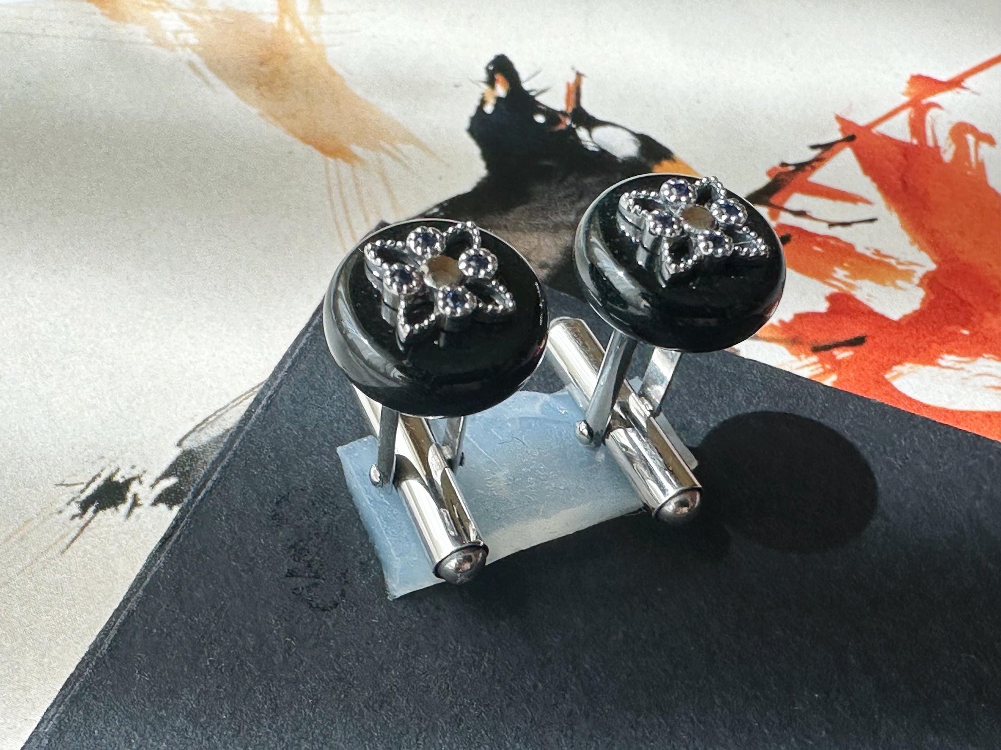 Black Jadeite Cufflinks • Sterling Silver 925 • Blue Zircon Accent • Modern Executive Cuff Links • Mens Luxury Gift • Handmade in Hong Kong
