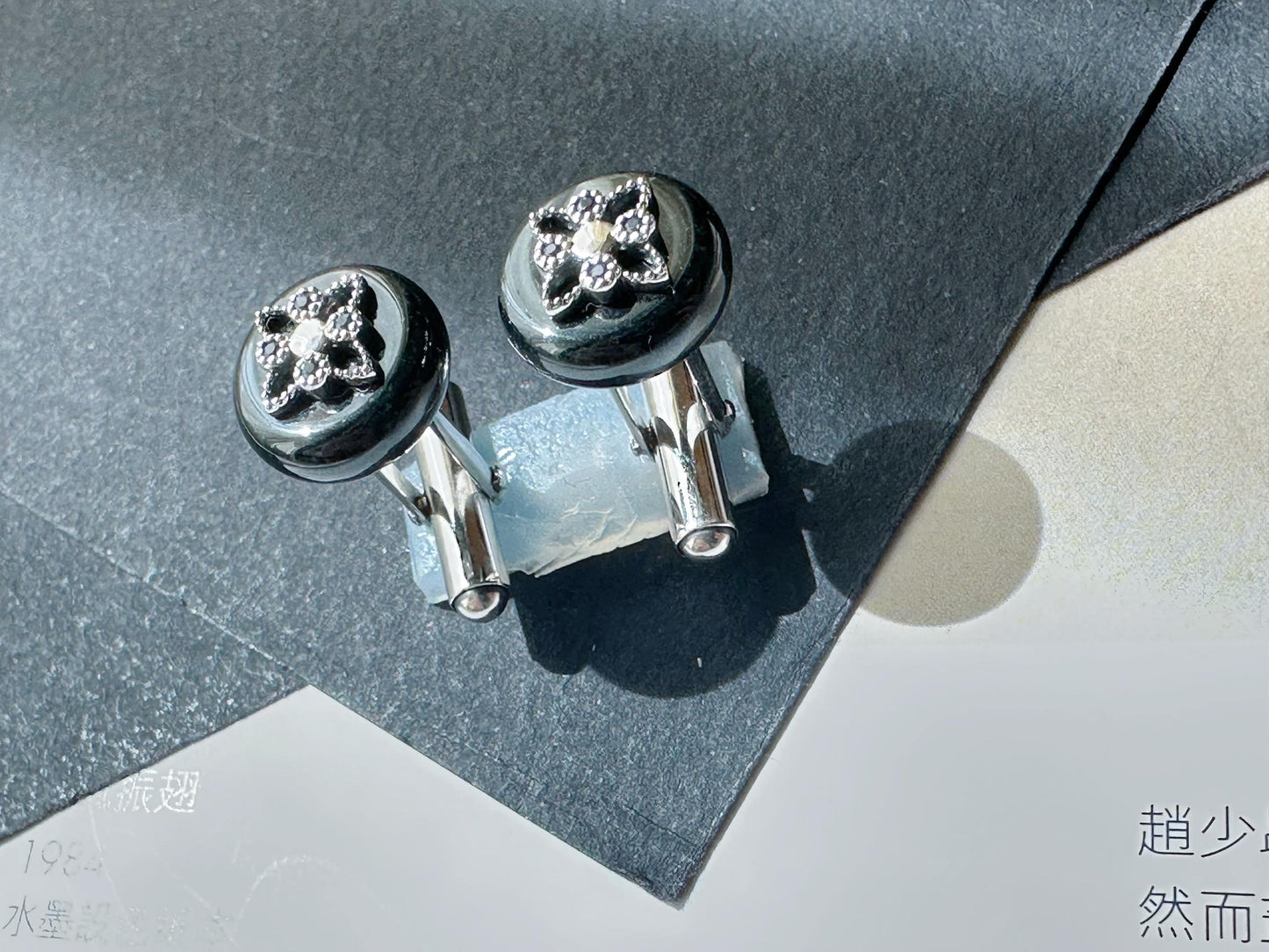 Black Jadeite Cufflinks • Sterling Silver, Blue Zircon Accent • Modern Executive Accessory