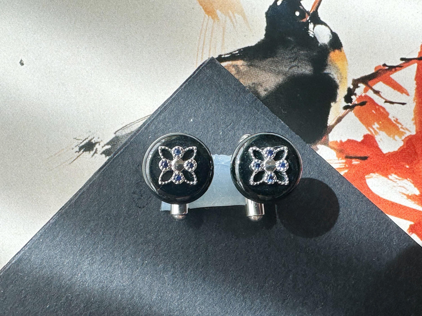 Black Jadeite Cufflinks • Sterling Silver 925 • Blue Zircon Accent • Modern Executive Cuff Links • Mens Luxury Gift • Handmade in Hong Kong