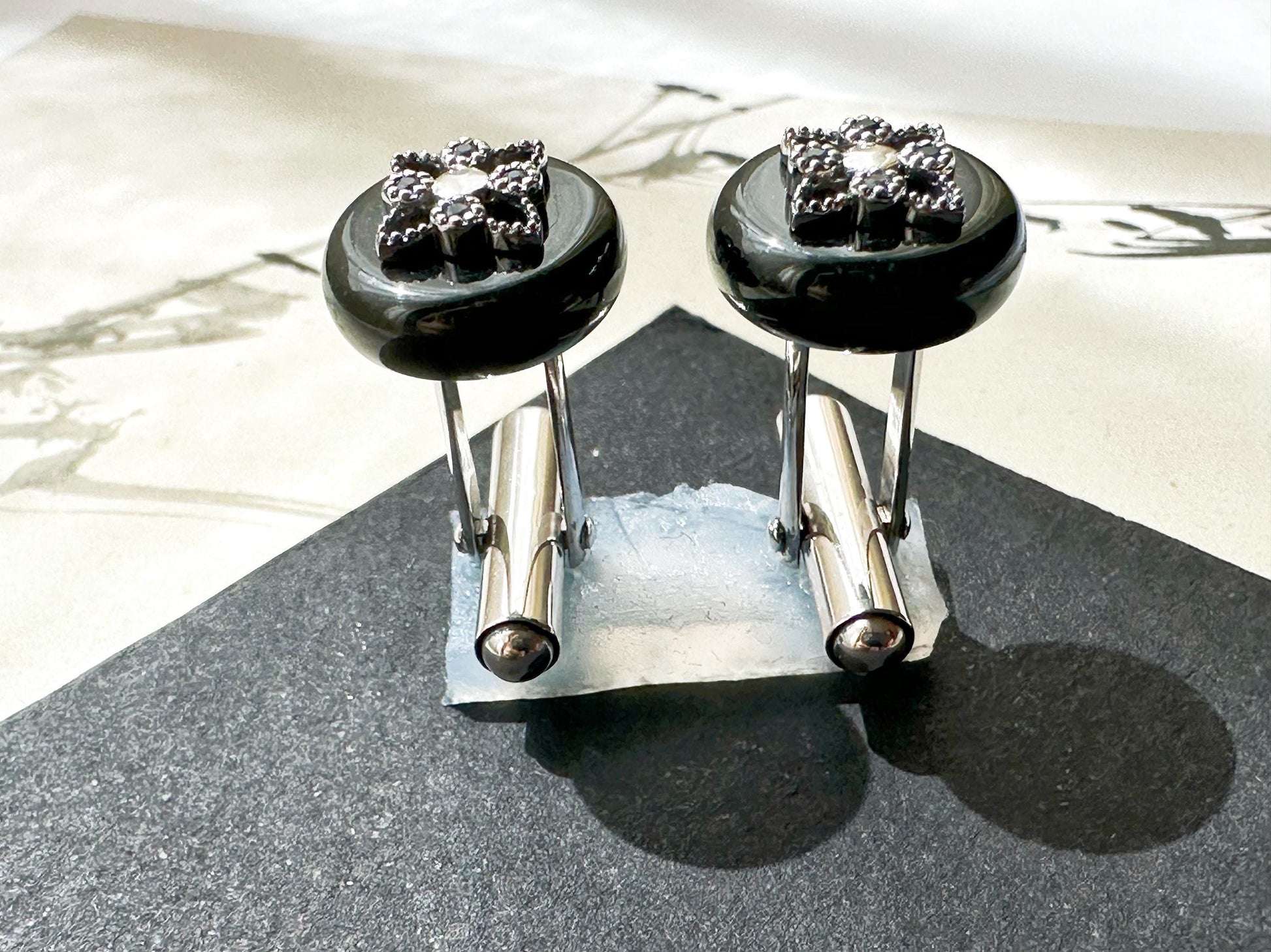 Black Jadeite Cufflinks • Sterling Silver 925 • Blue Zircon Accent • Modern Executive Cuff Links • Mens Luxury Gift • Handmade in Hong Kong
