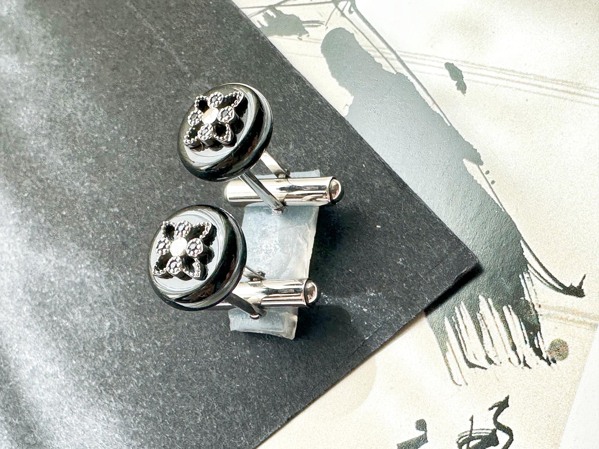 Black Jadeite Cufflinks • Sterling Silver 925 • Blue Zircon Accent • Modern Executive Cuff Links • Mens Luxury Gift • Handmade in Hong Kong