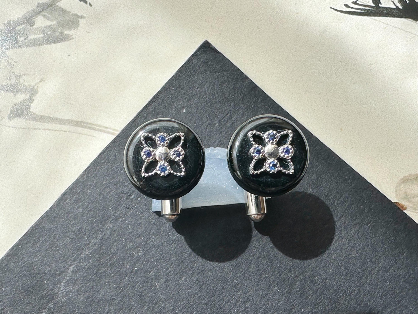 Black Jadeite Cufflinks • Sterling Silver 925 • Blue Zircon Accent • Modern Executive Cuff Links • Mens Luxury Gift • Handmade in Hong Kong