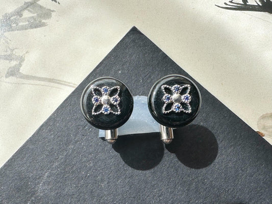 Black Jadeite Cufflinks • Sterling Silver 925 • Blue Zircon Accent • Modern Executive Cuff Links • Mens Luxury Gift • Handmade in Hong Kong