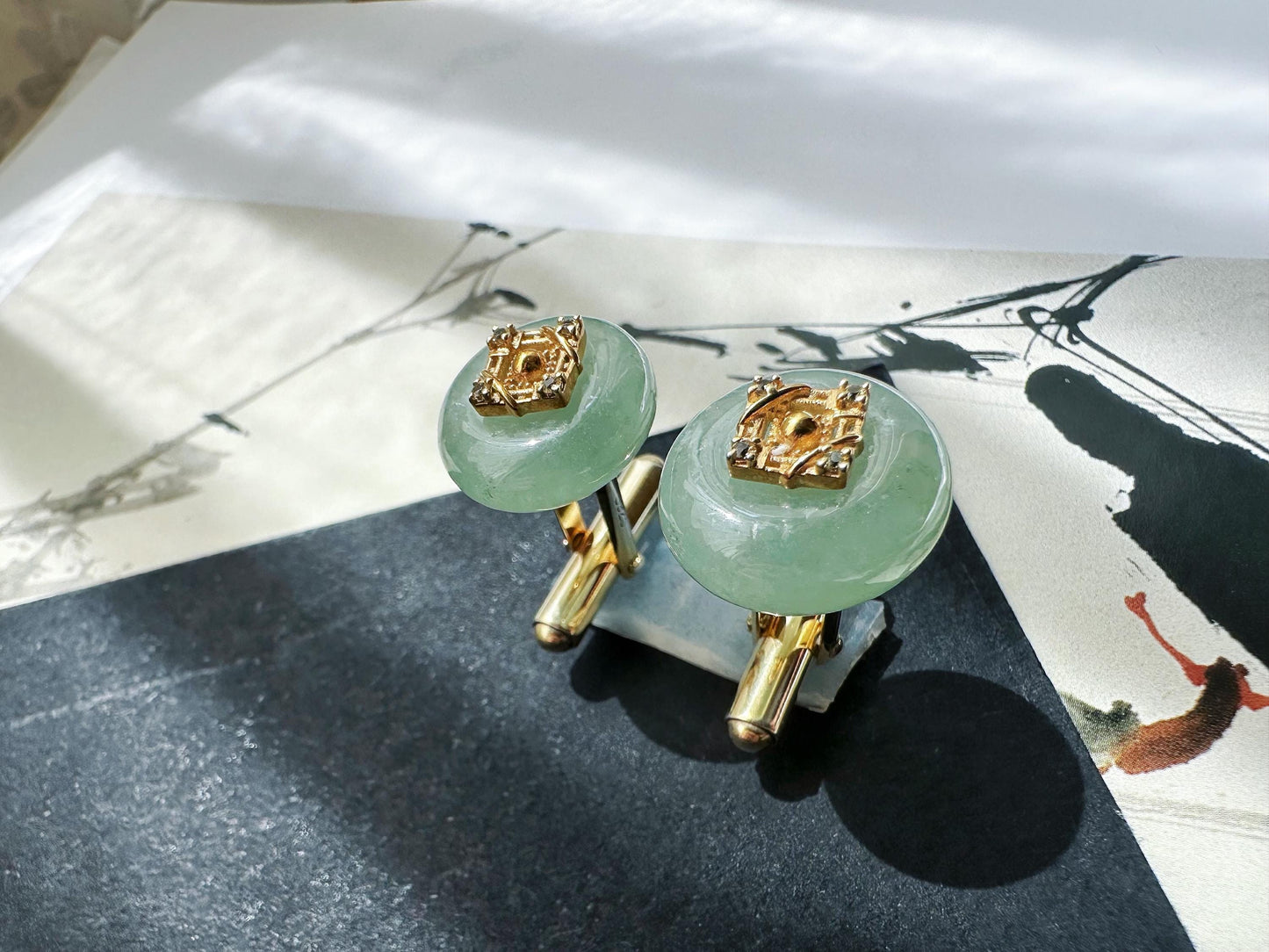 Fresh Light Green Jade Cufflinks, Sterling Silver with White Zircon, Meaningful Gift for Boss, Unisex, Anniversary