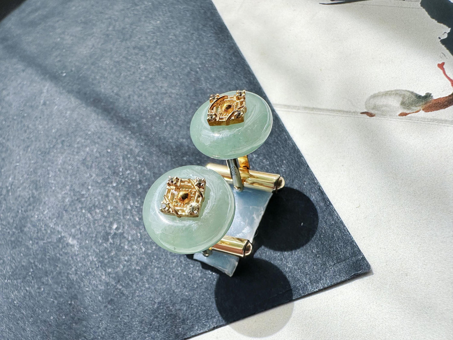 Icy Light Green Jadeite Cufflinks, Sterling Silver, White Zircon, Executive Refinement