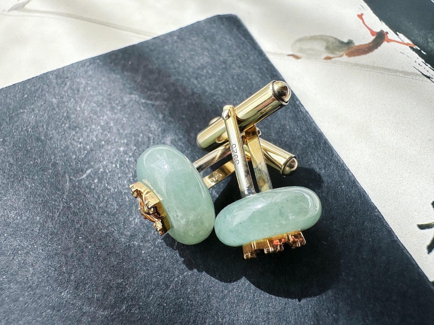 Icy Light Green Jadeite Cufflinks, Sterling Silver, White Zircon, Executive Refinement