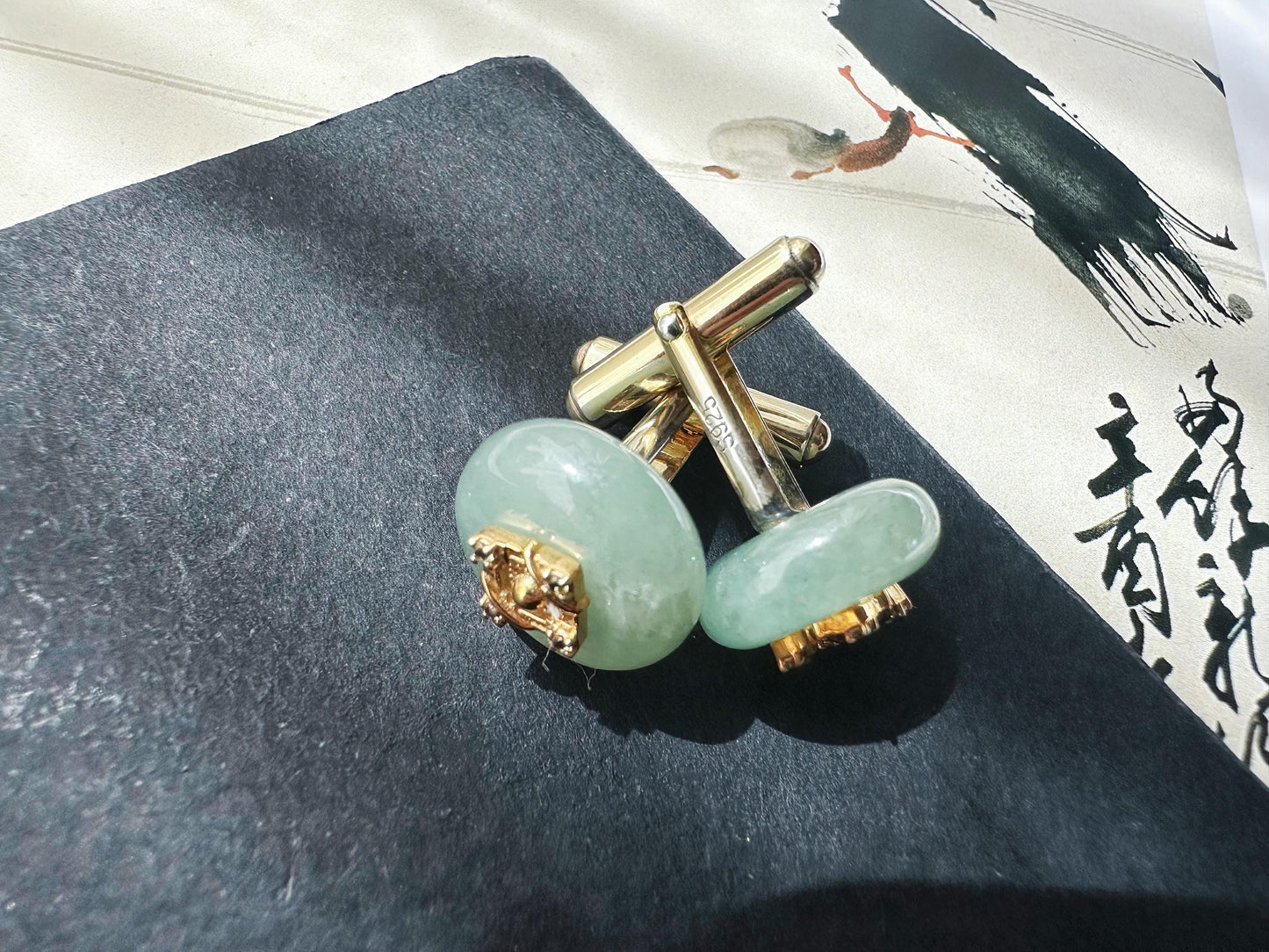 Icy Light Green Jadeite Cufflinks, Sterling Silver, White Zircon, Executive Refinement